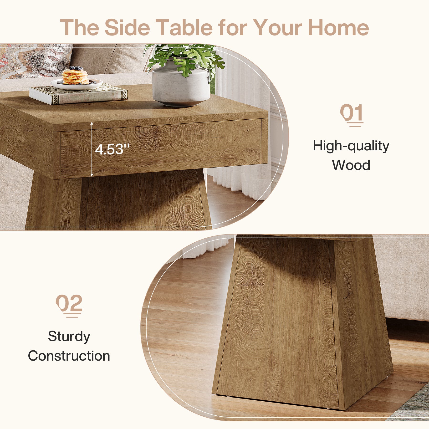 16.9" Farmhouse End Table, Square Side Table Nightstand with Wide Base
