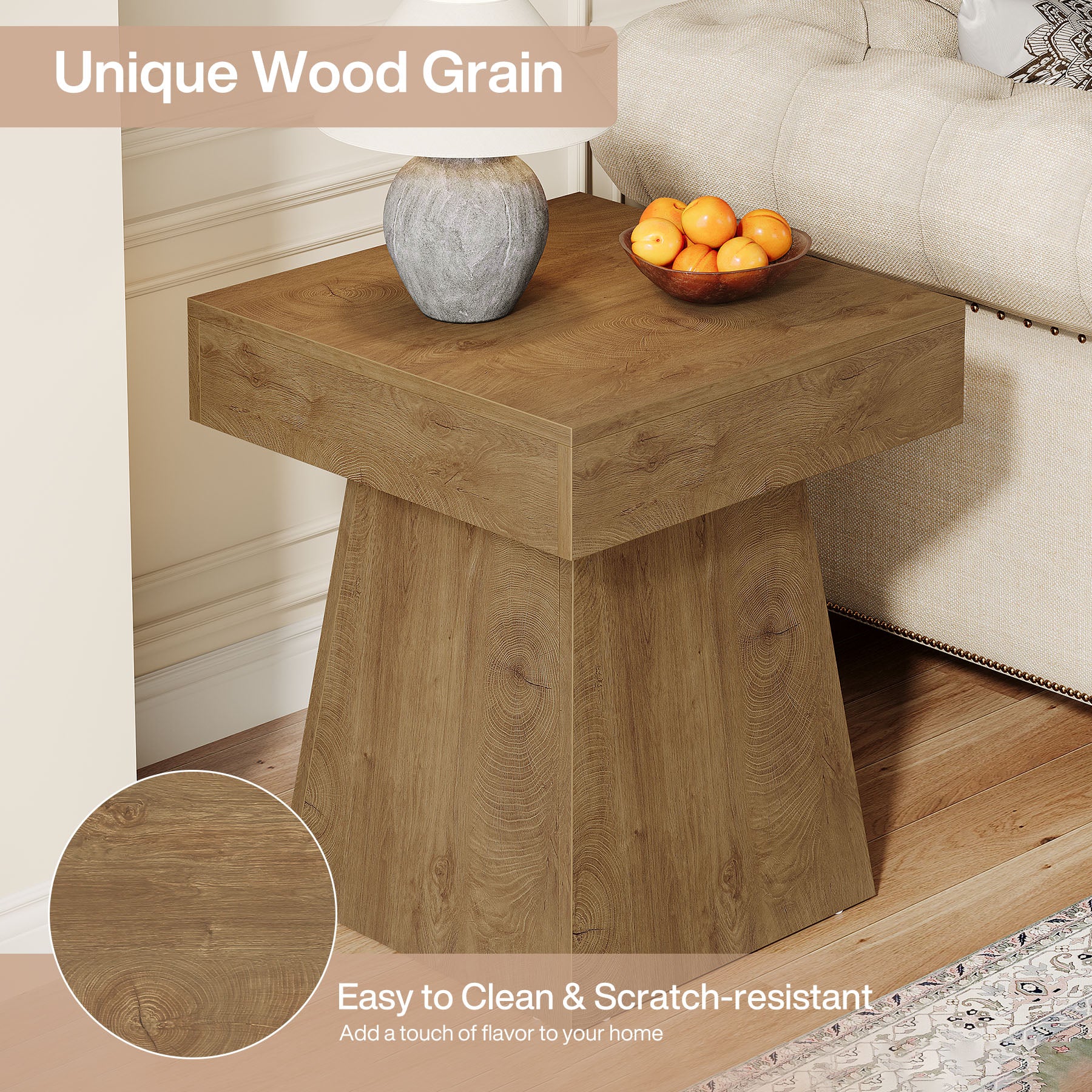 16.9" Farmhouse End Table, Square Side Table Nightstand with Wide Base