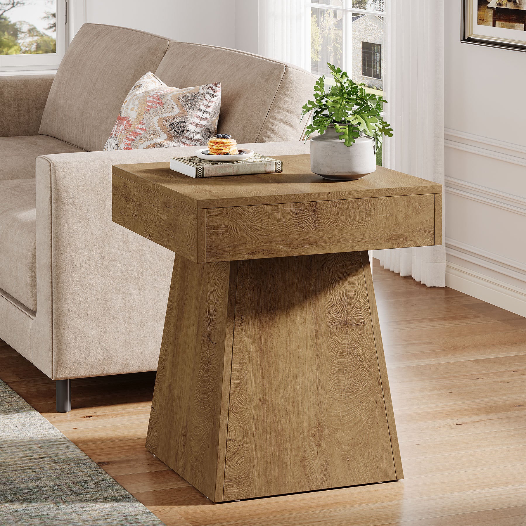 16.9" Farmhouse End Table, Square Side Table Nightstand with Wide Base