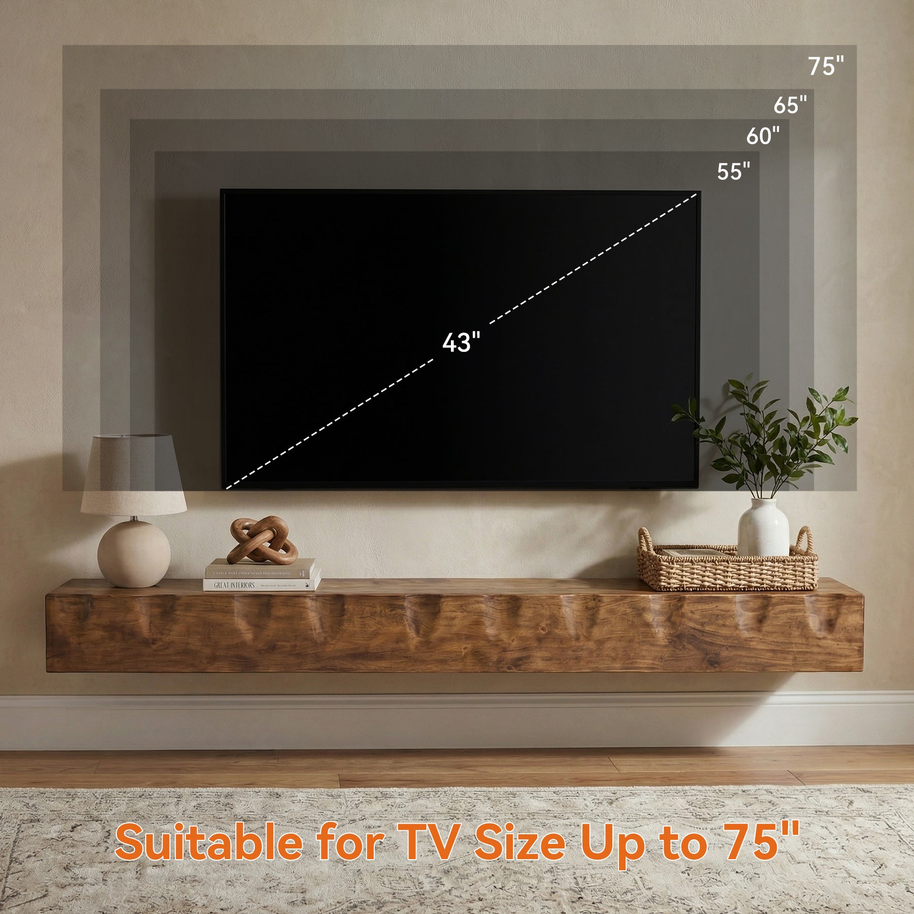 Solid Wood Floating TV Stand, 63" Wall Media Shelf for TVs Up to 75"