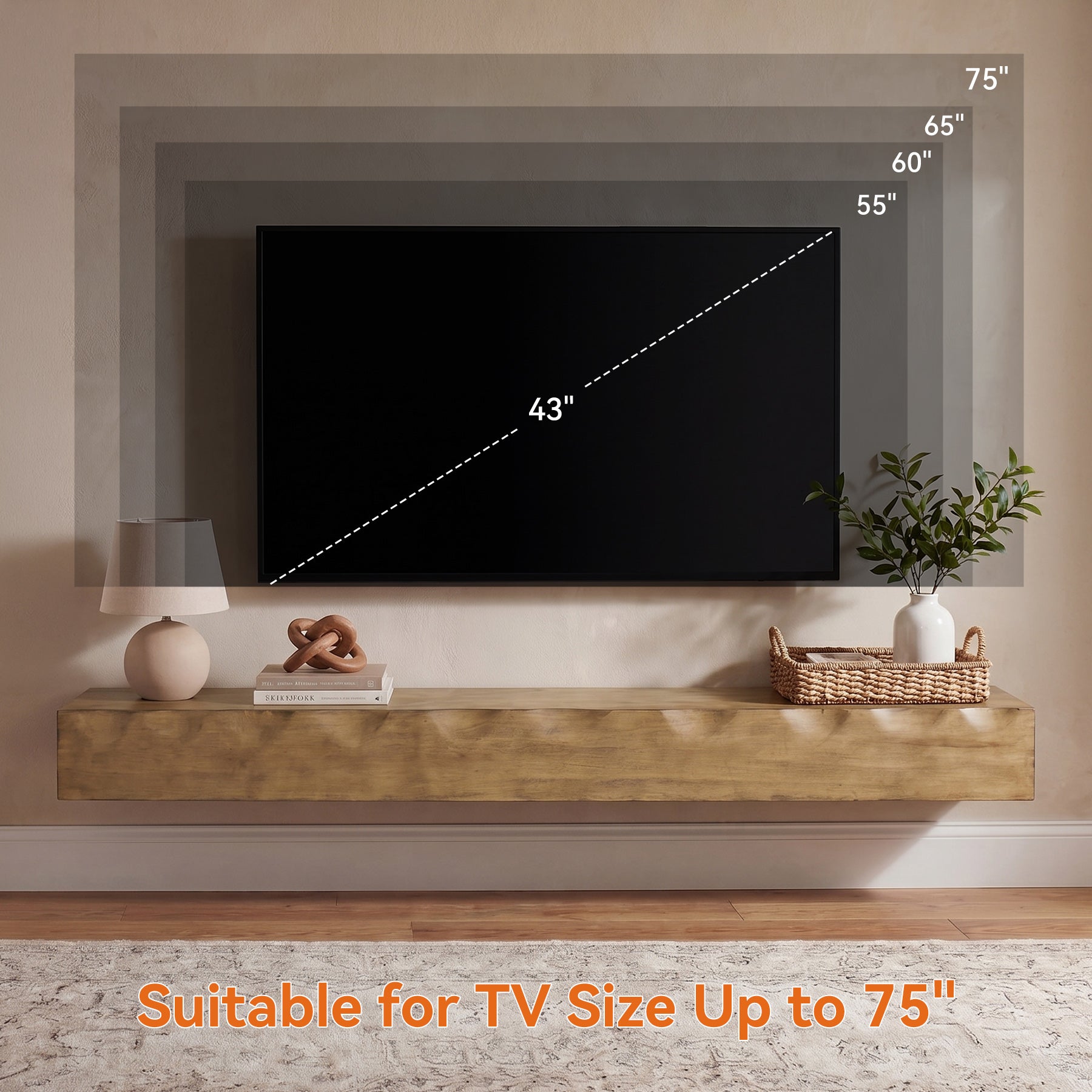 Solid Wood Floating TV Stand, 63" Wall Media Shelf for TVs Up to 75"