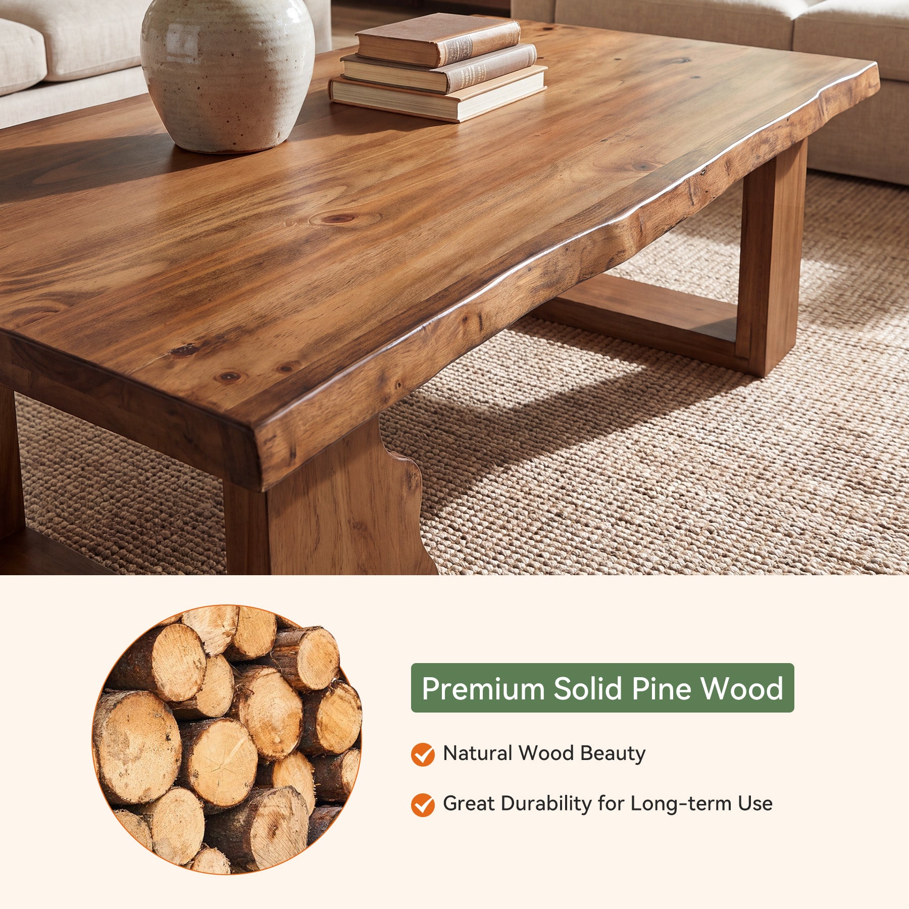 47" Solid Pine Coffee Table, Natural Edge & Cut-Out Legs, Farmhouse Rustic Wood Living Room