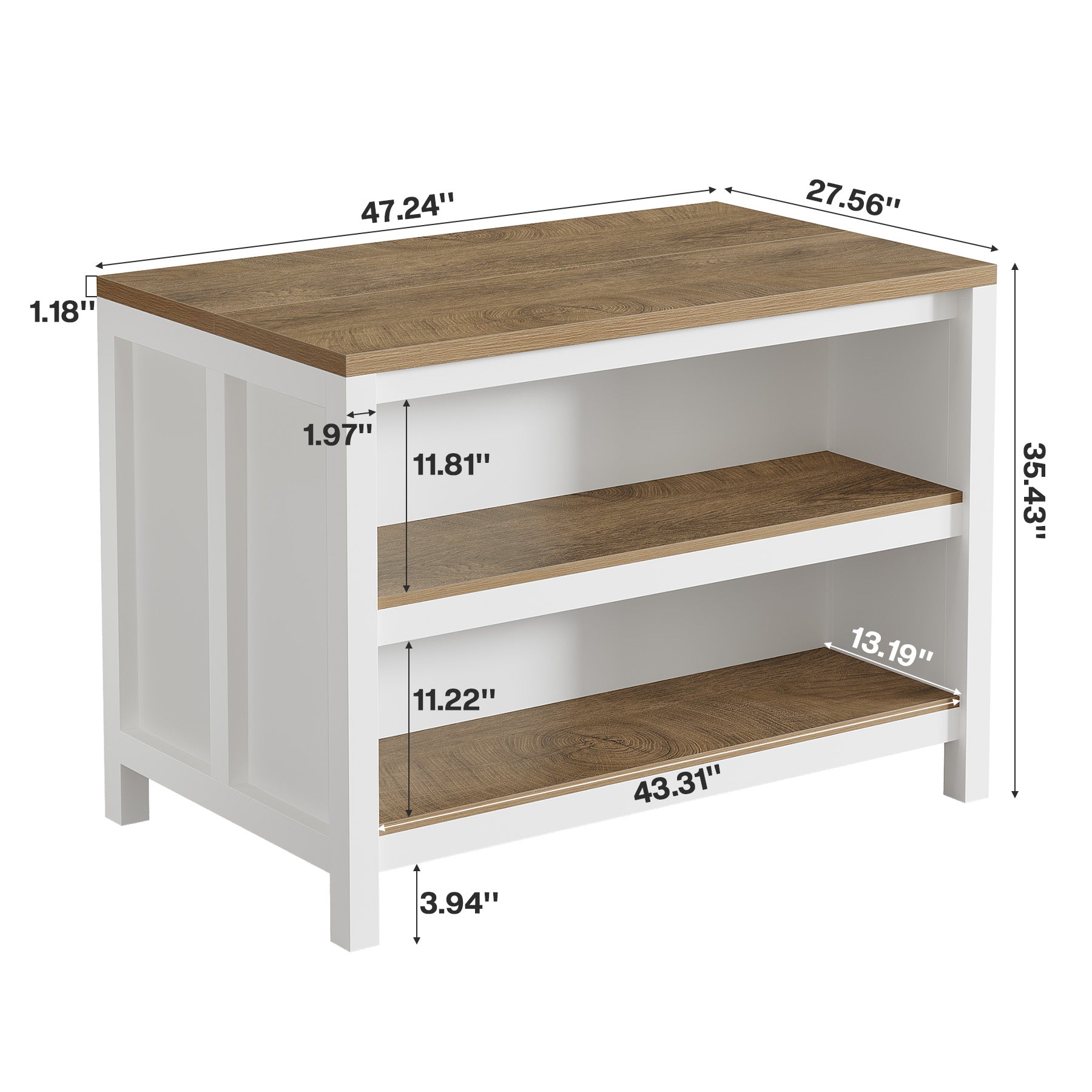47" Kitchen Island, 2-Tier Farmhouse Wooden Stationary Island Table with Large Worktop