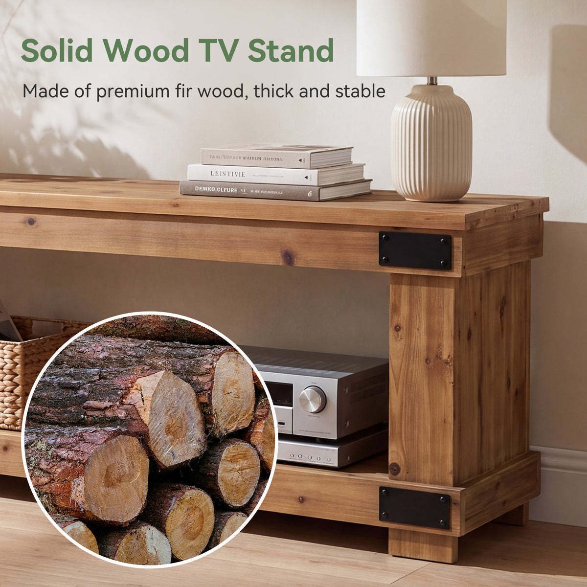 63" Industrial TV Stand, 2-Tier Open Shelf, Solid Wood for 75" TV