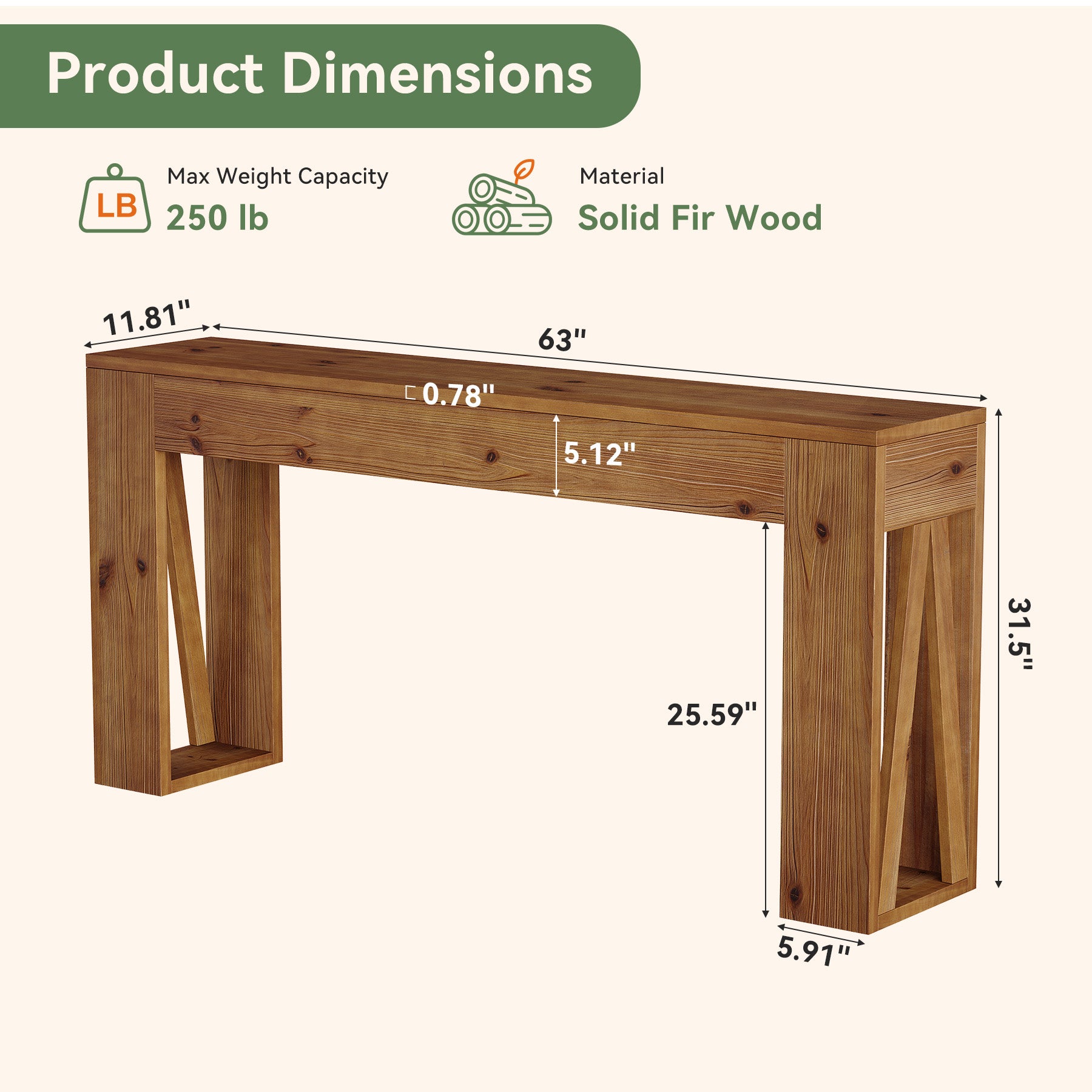 63" Solid Wood Console Table, Narrow Rectangle Entryway Sofa Table for Hallway