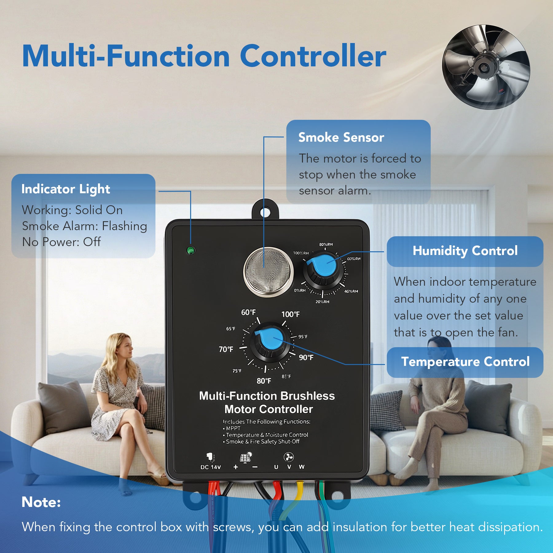 50W Solar Attic Fan with 2500 CFM & Smart Thermostat / Humidity / Smoke Sensor