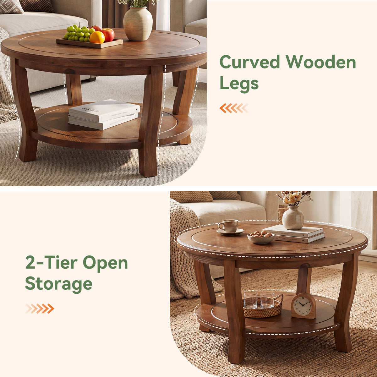 31.5" Round Solid Wood Coffee Table, 2-Tier Farmhouse Center Table with Curved Legs