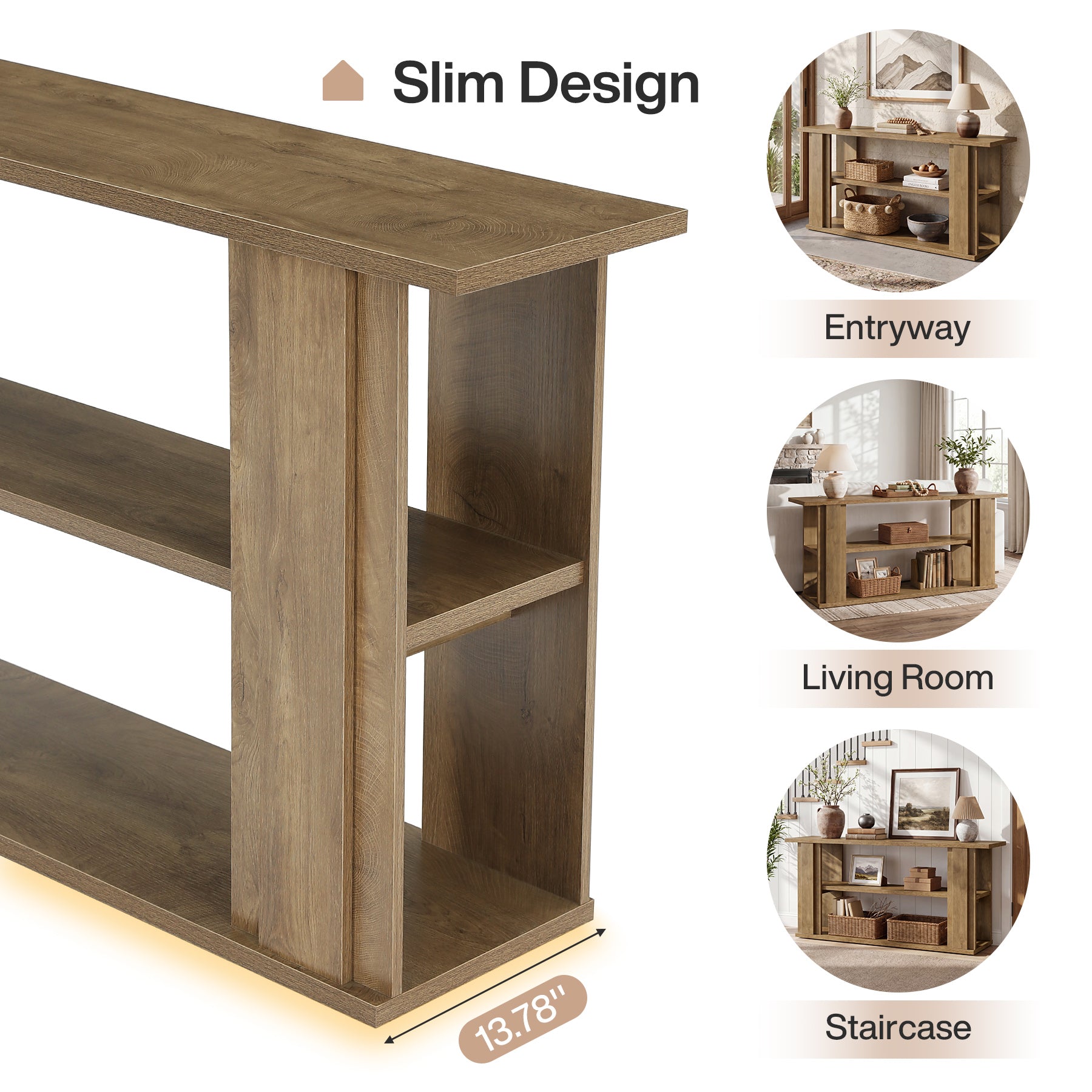 63" Farmhouse Console Table, Narrow Entryway Sofa Table with 3-Tier Storage Shelves