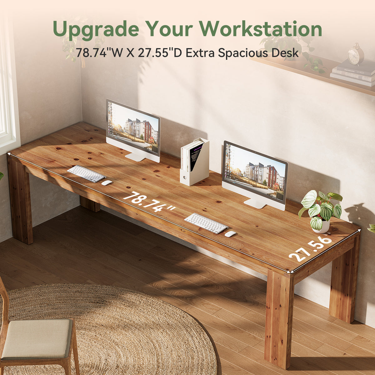 Solid Wood 2-Person Desk, 78.7" Computer Desk with Chunky Wood Legs for Home Office
