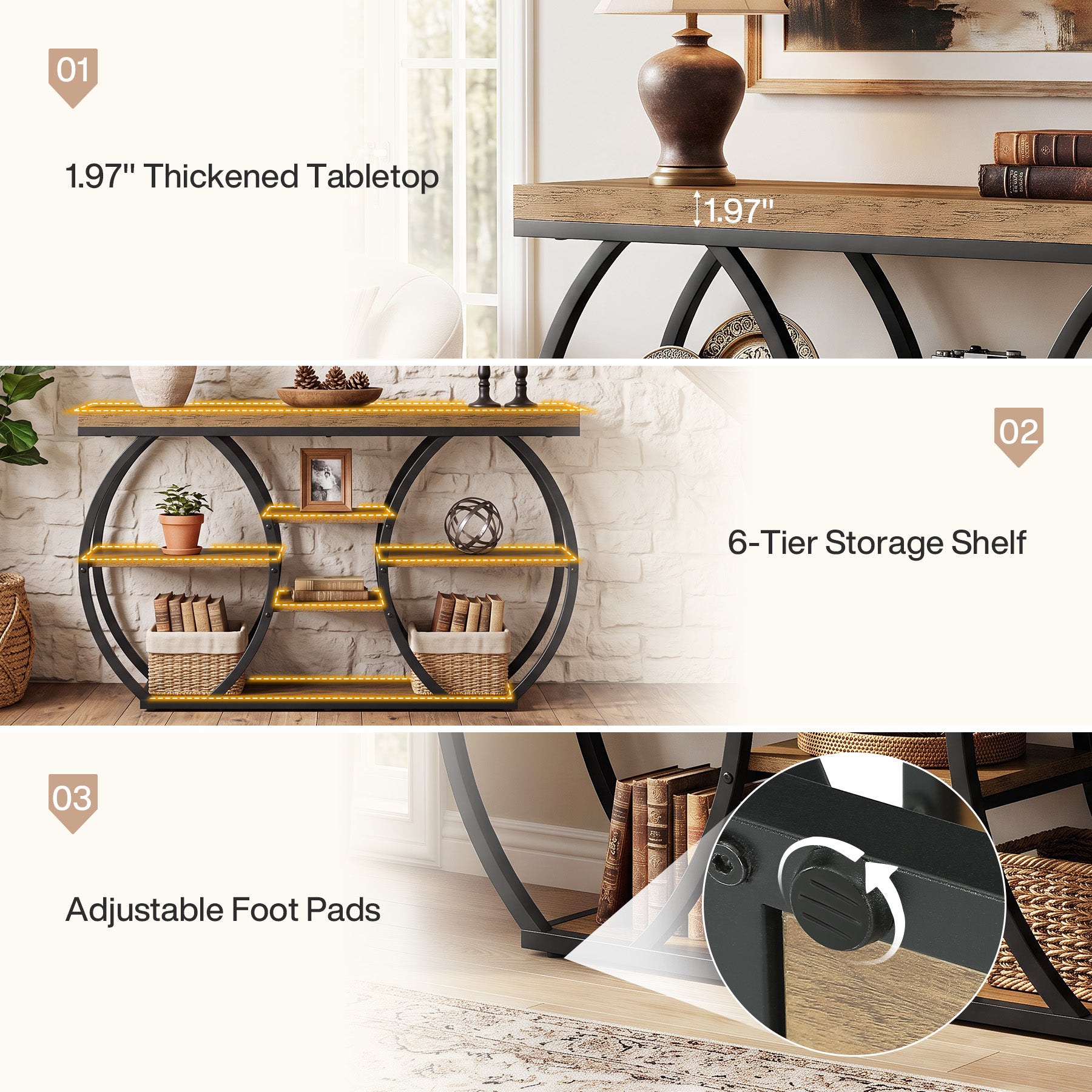 47" Console Table, 4-Tier Narrow Sofa Table with Artistic Curved Metal Frame for Entryway