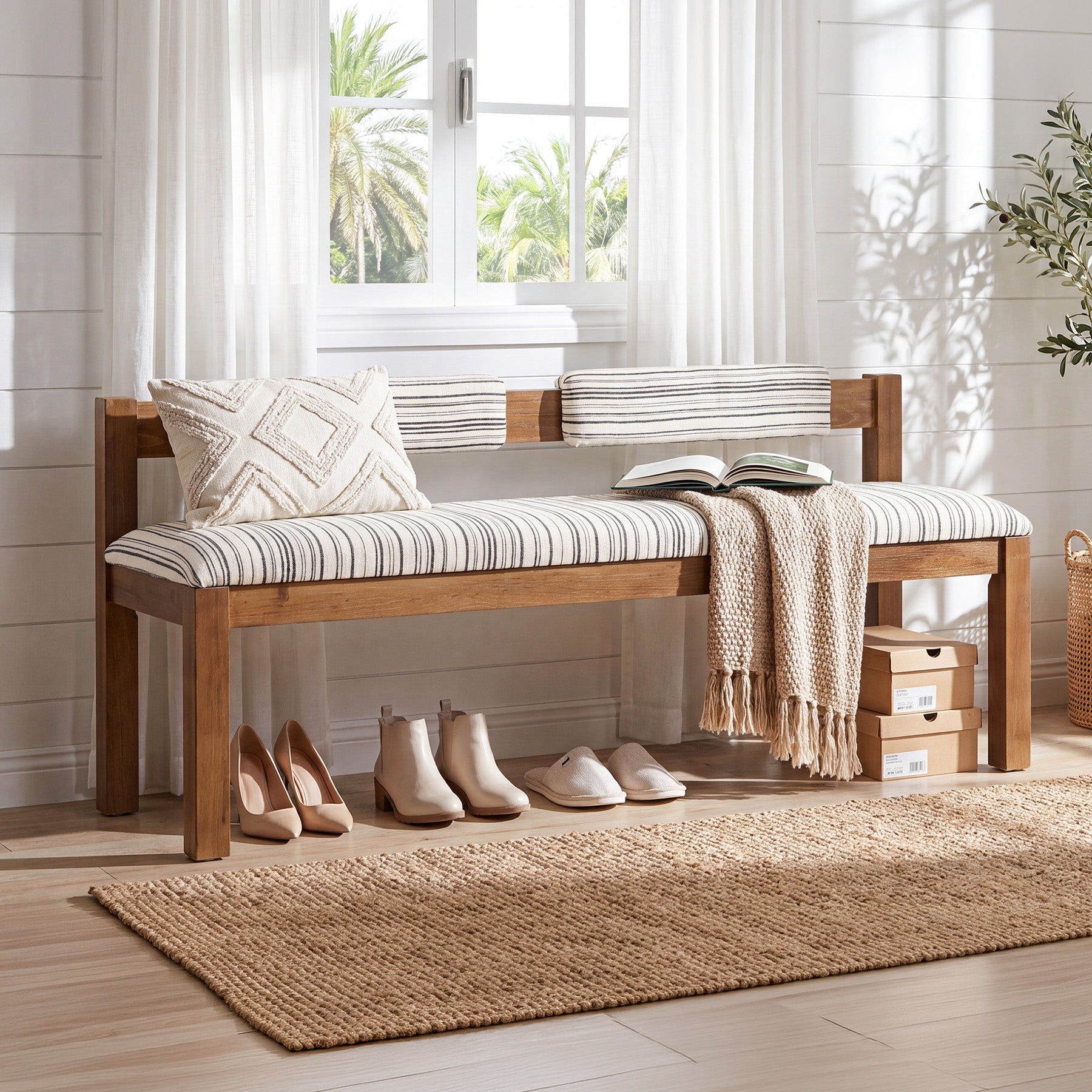 55" Solid Wood Entryway Bench, Upholstered Bench End of Bed Bench with Backrest