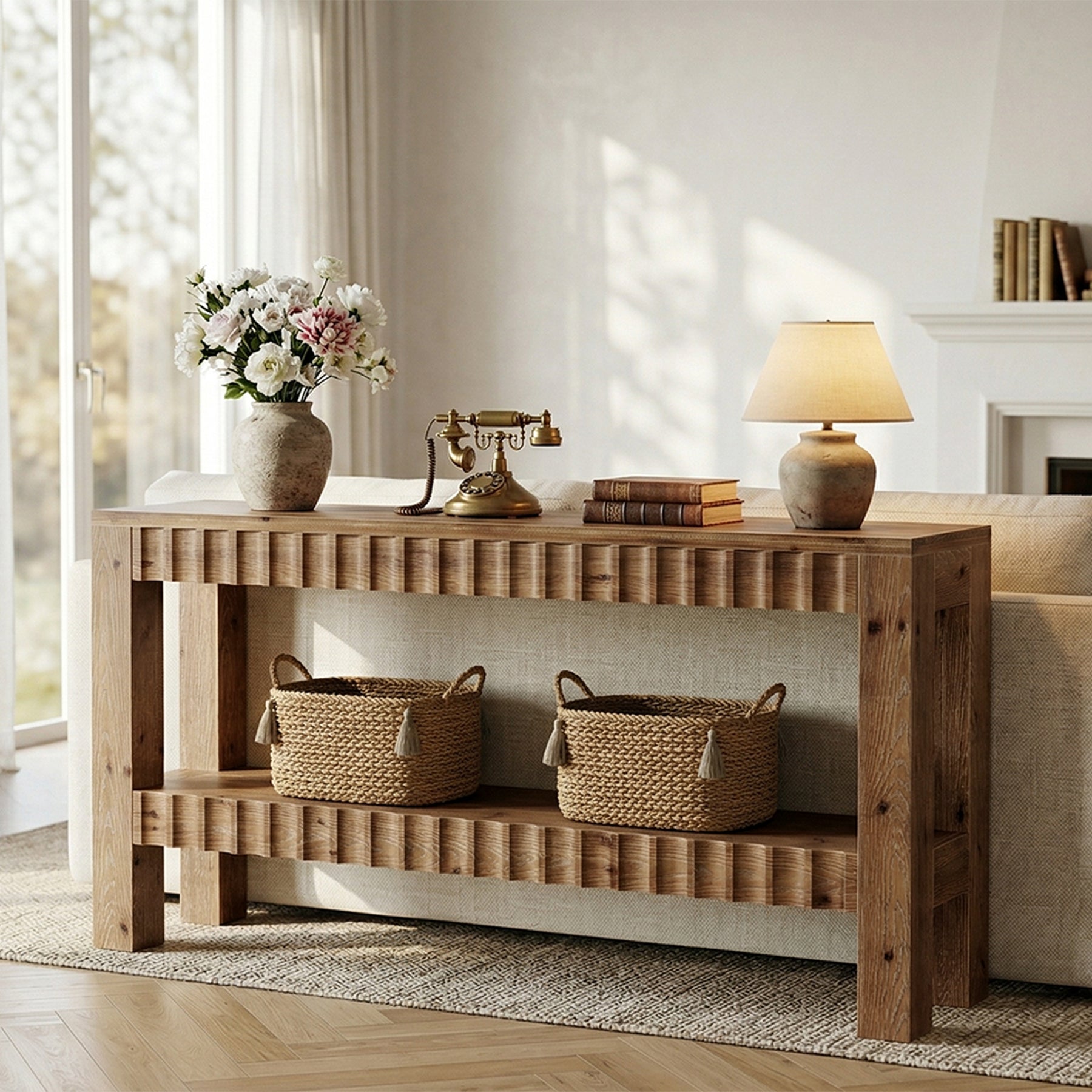 63" Solid Wood Console Table with Storage, Farmhouse Narrow Sofa & Entryway Table with 2-Tier Shelf