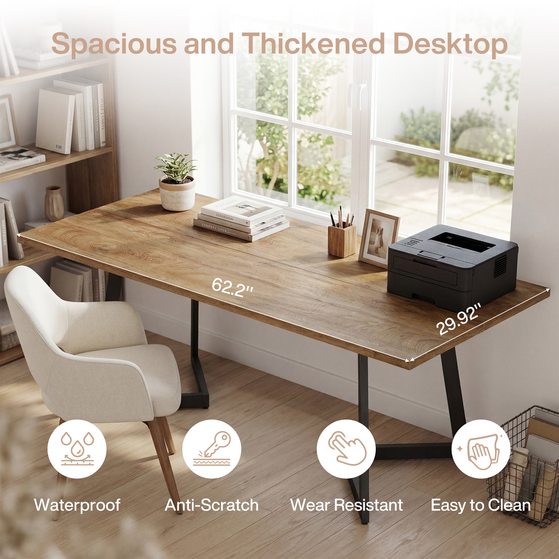 62" Industrial Office Desk, Modern Executive Computer Desk with Sturdy V-Shaped Metal Legs for Home Office