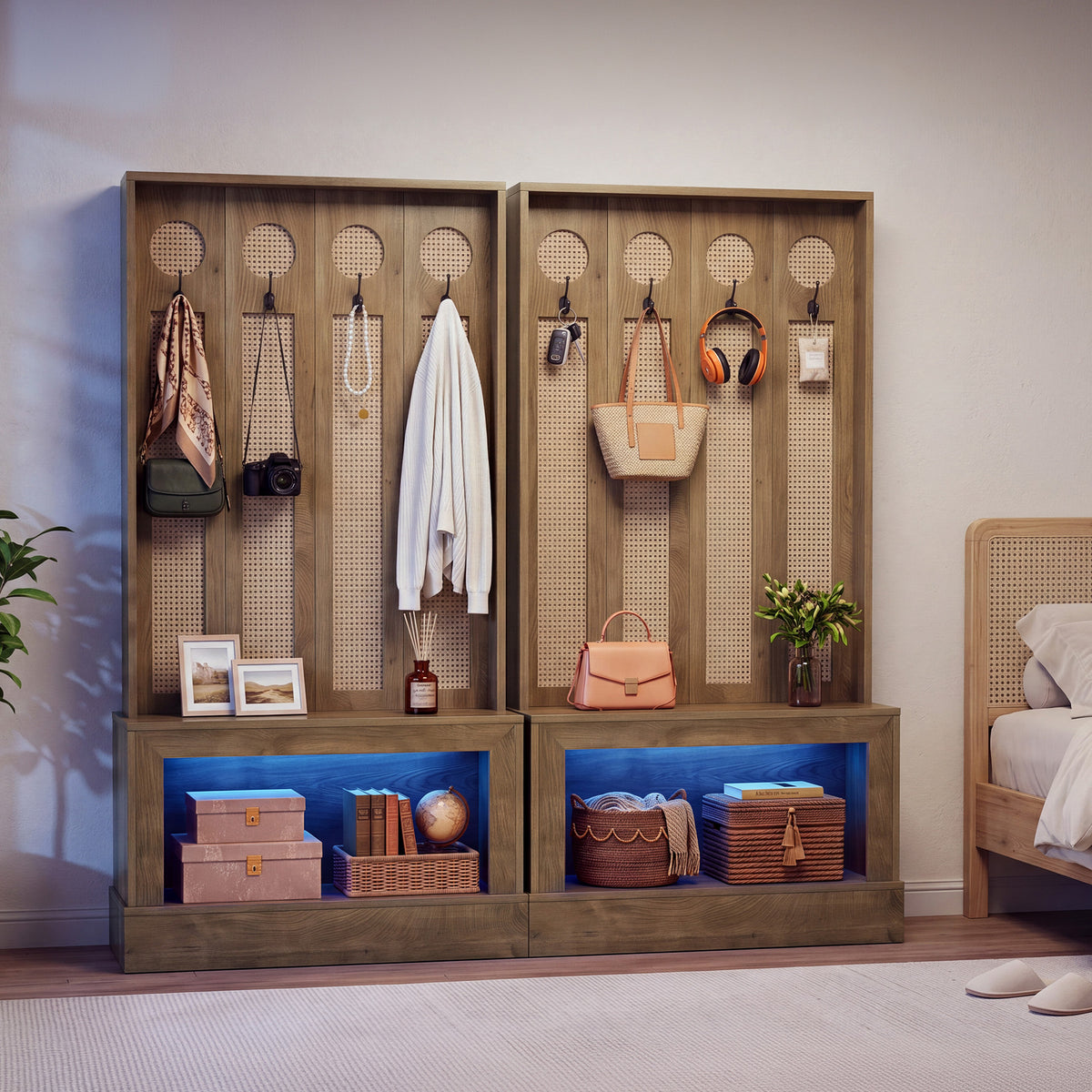 69.7" Hall Tree with Shoe Storage, Rattan Coat Rack with LED Light, 4 Hooks for Hallway