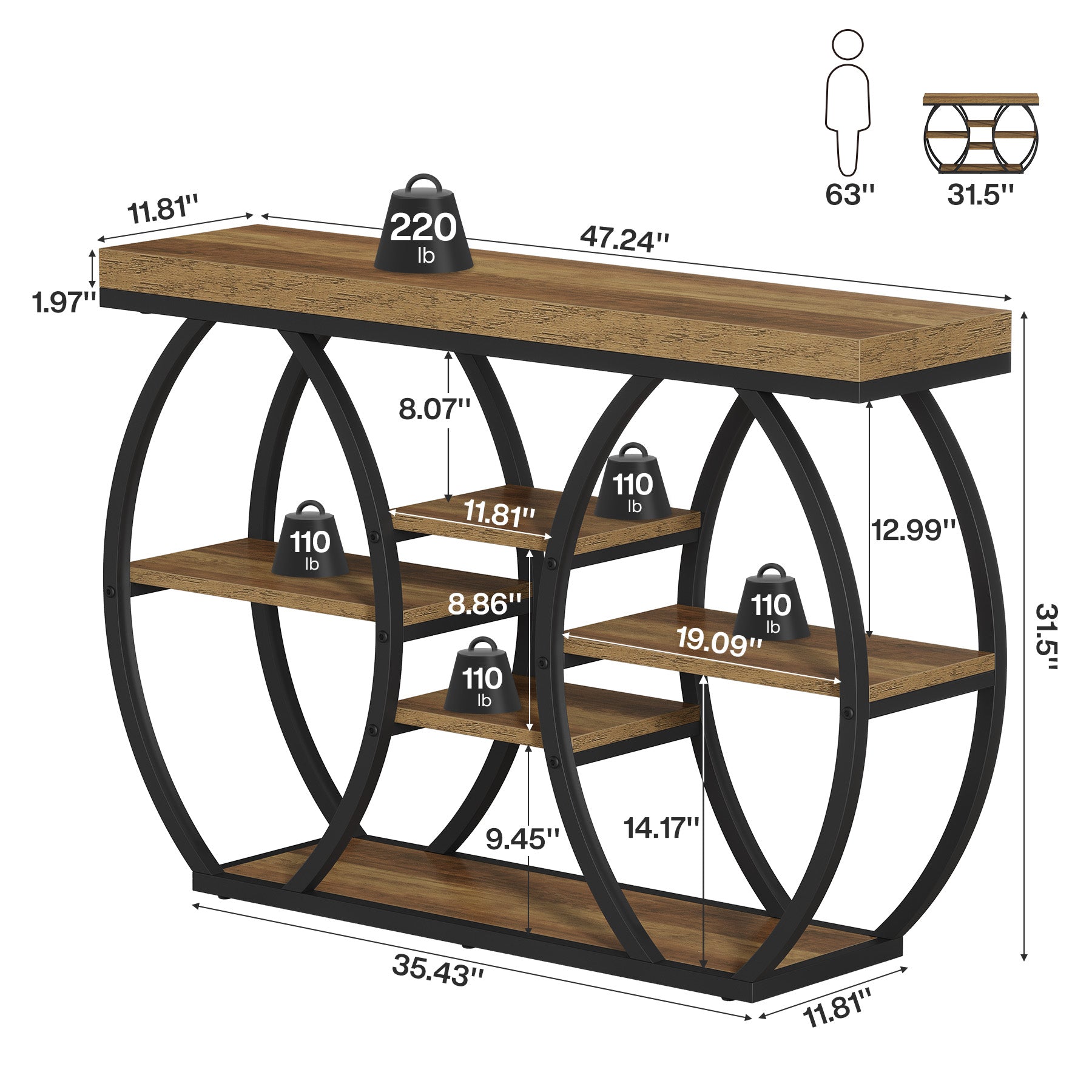 47" Console Table, 4-Tier Narrow Sofa Table with Artistic Curved Metal Frame for Entryway