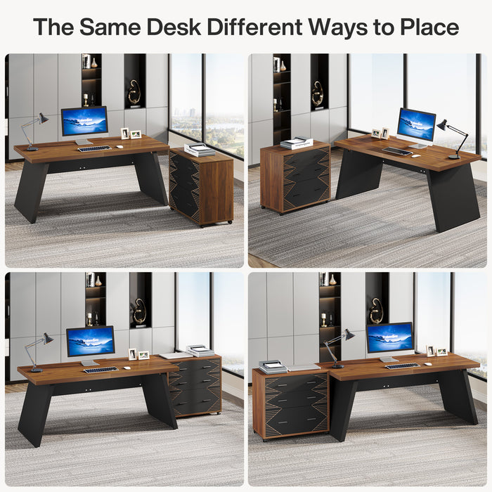 62" Executive Desk, L-shape Computer Desk with File Cabinet