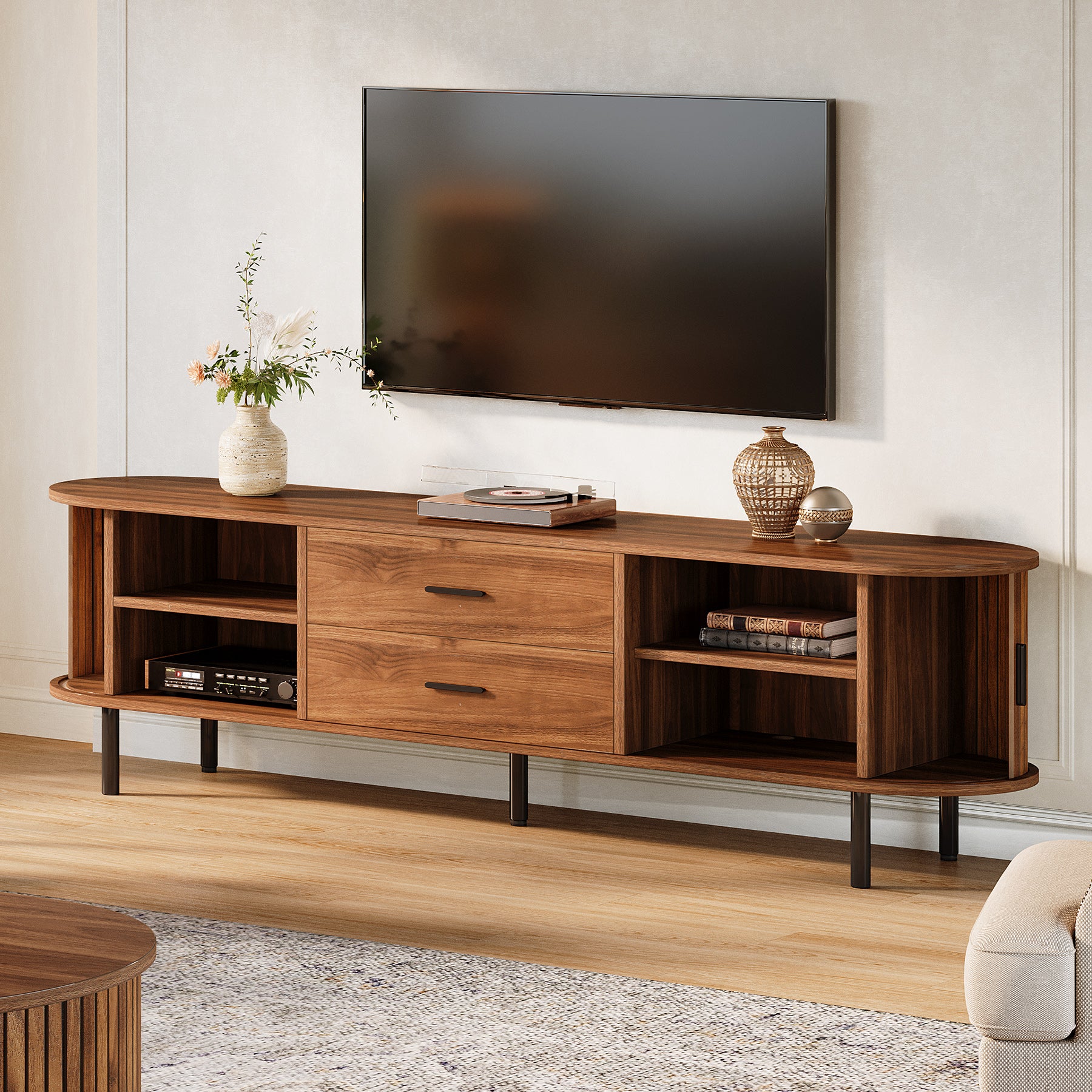70" TV Stand, Modern Media Console with Storage and Sliding Tambour Door