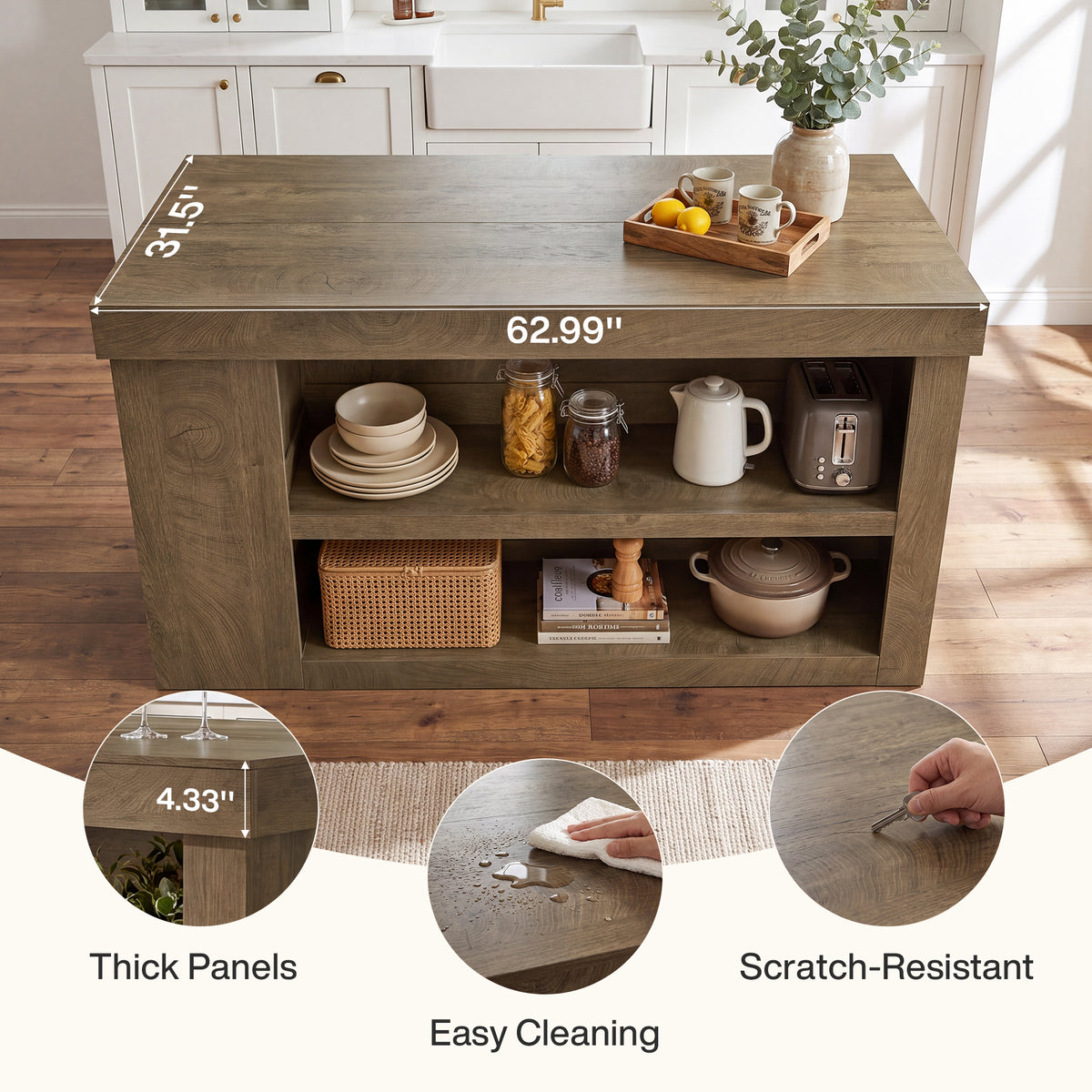 63" Kitchen Island, 3-Tier Stationary Island Table with Open Storage Sheves & Cabinet