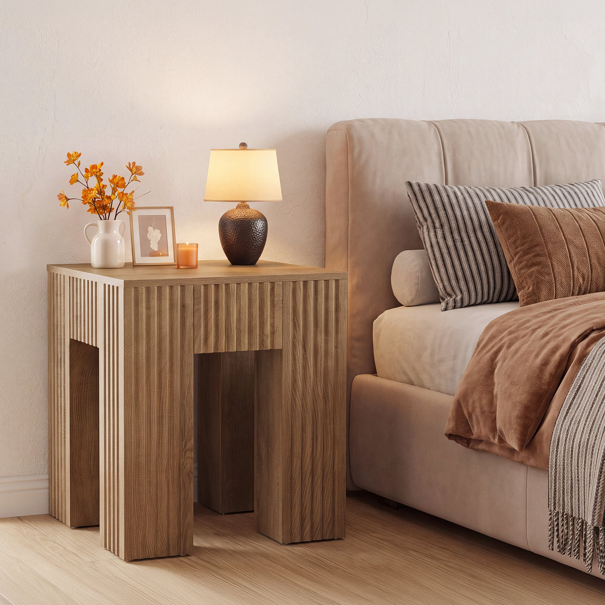 Square Fluted End Table, Farmhouse Side Table for Living Room, Bedside Nightstand