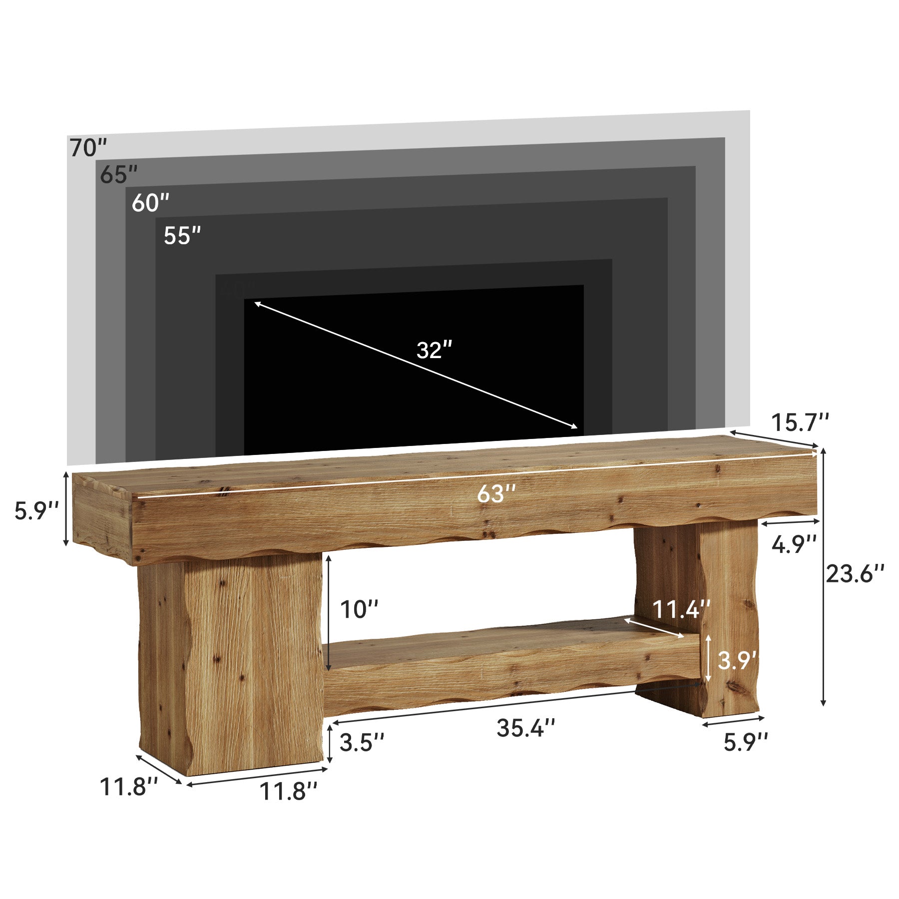 Solid Wood TV Stand for up to 75" TVs, 63" Media Console Entertainment with Shelves