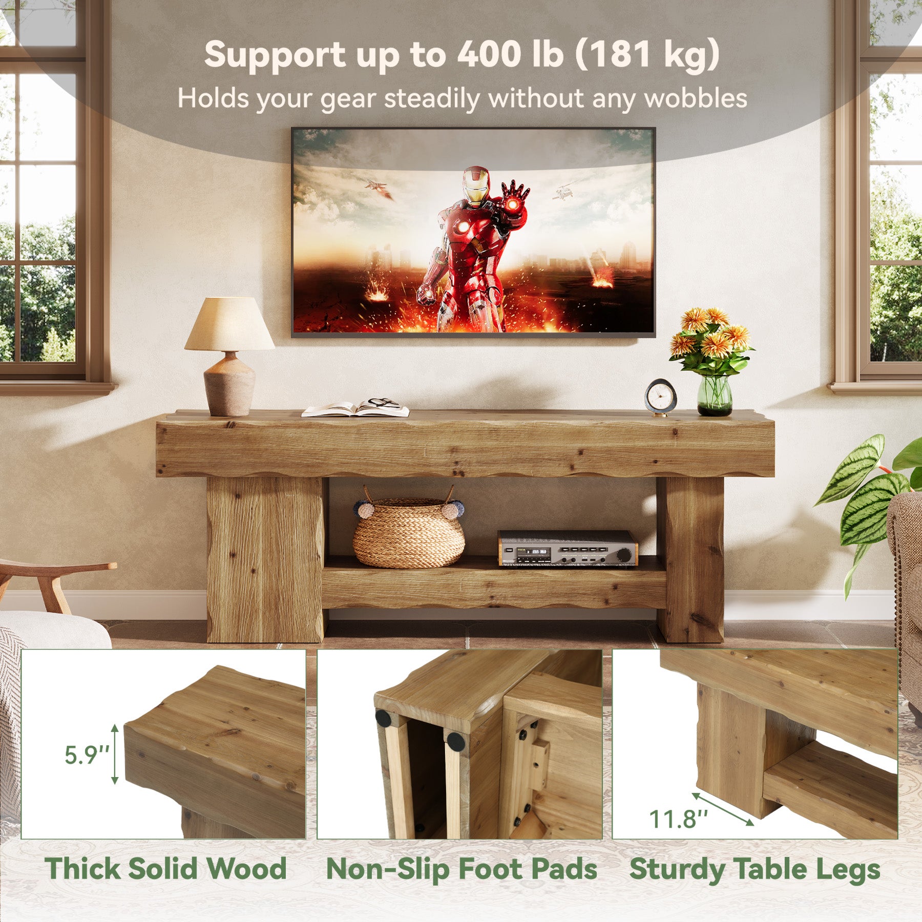 Solid Wood TV Stand for up to 75" TVs, 63" Media Console Entertainment with Shelves