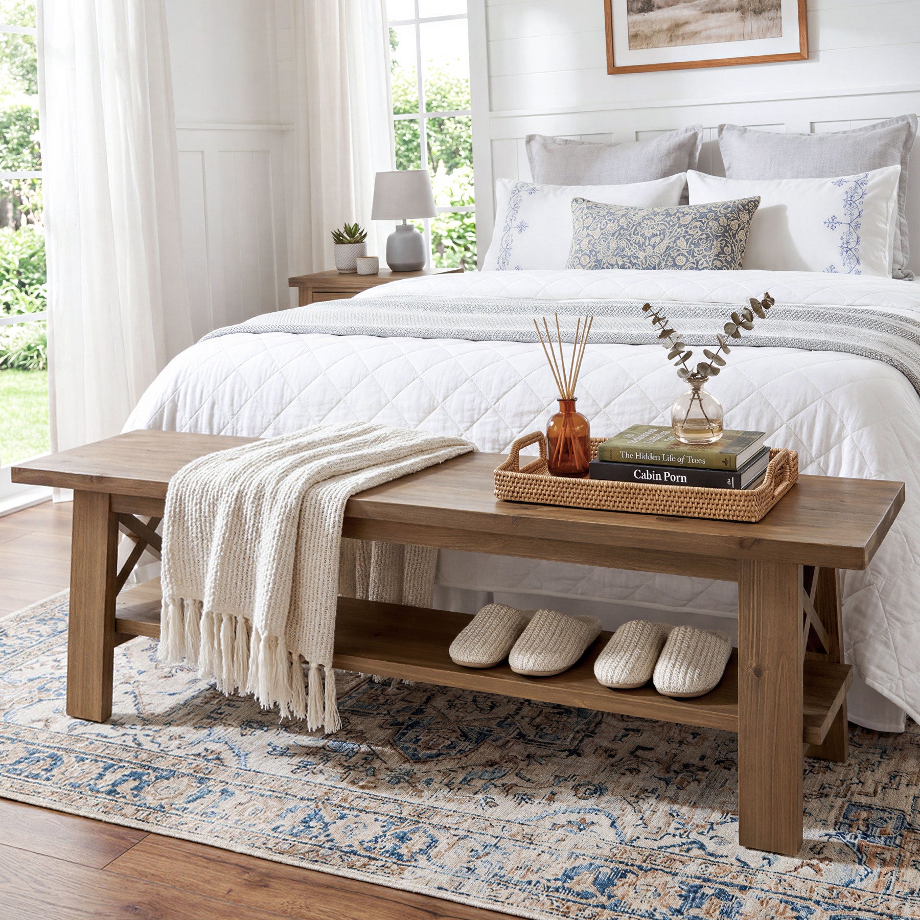 Solid Wood End of Bed Bench, 55" Dining Bench with Storage Shelf