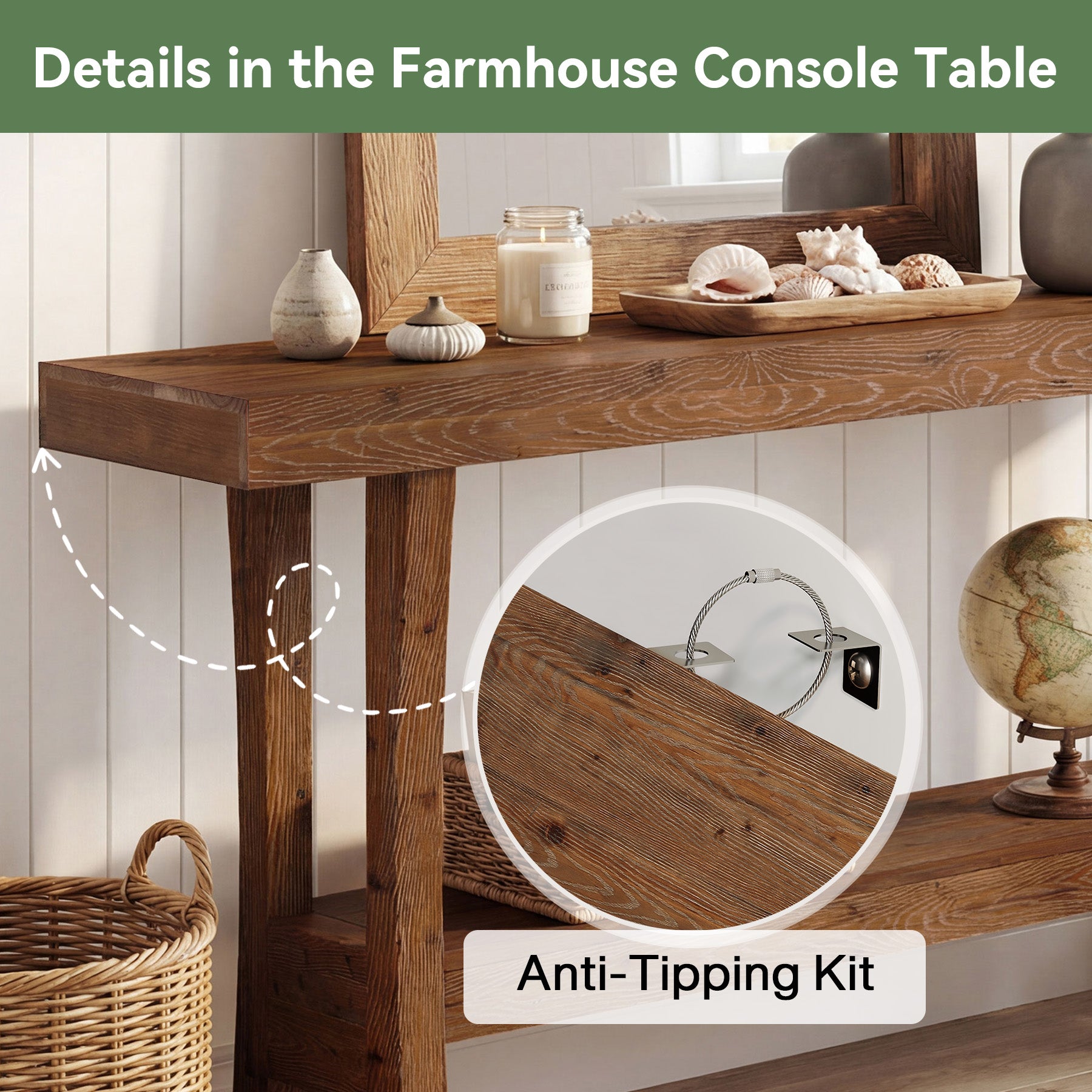 63" Farmhouse Solid Wood Console Table, Narrow Entryway Table with 2-Tier Storage Shelf for Hallway & Behind Sofa