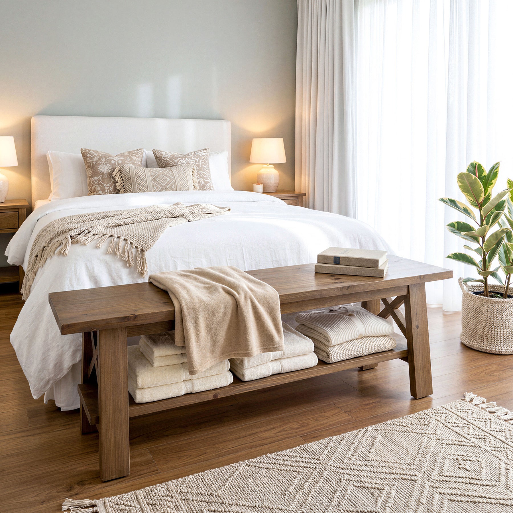 Solid Wood End of Bed Bench, 55" Dining Bench with Storage Shelf
