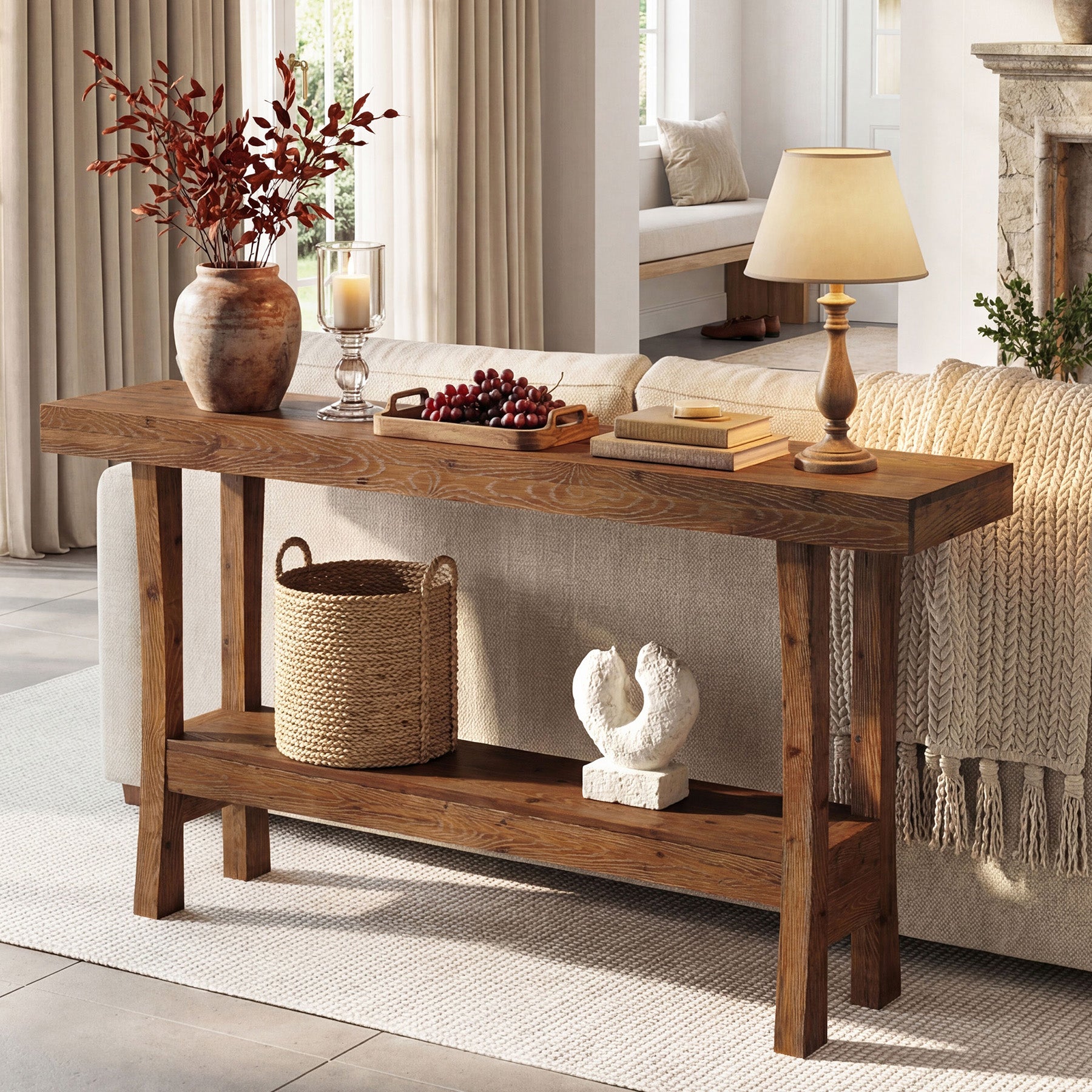 63" Farmhouse Solid Wood Console Table, Narrow Entryway Table with 2-Tier Storage Shelf for Hallway & Behind Sofa
