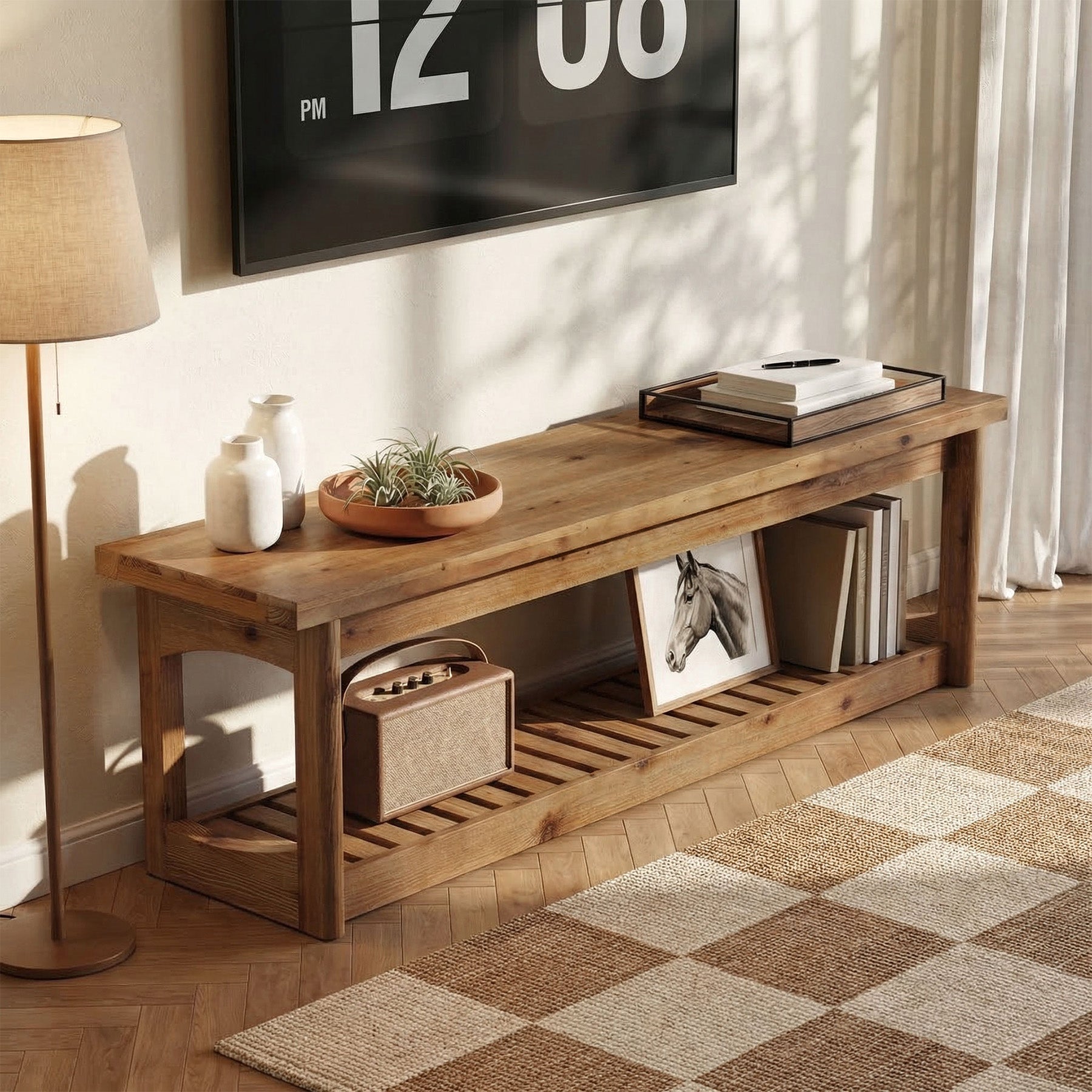 Solid Wood TV Stand, 63" Entertainment Center with Open Storage for Up to 70" TVs