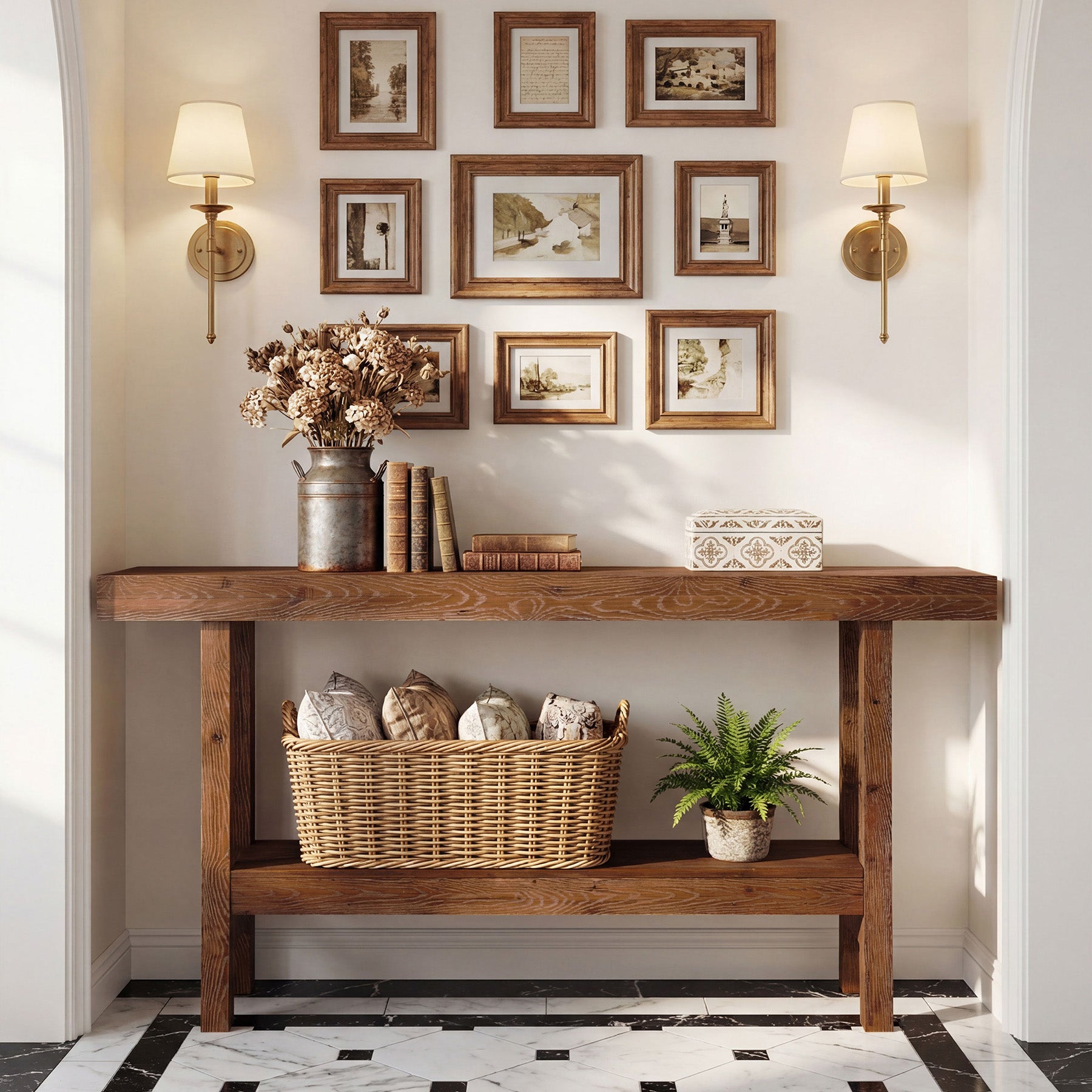 63" Farmhouse Solid Wood Console Table, Narrow Entryway Table with 2-Tier Storage Shelf for Hallway & Behind Sofa