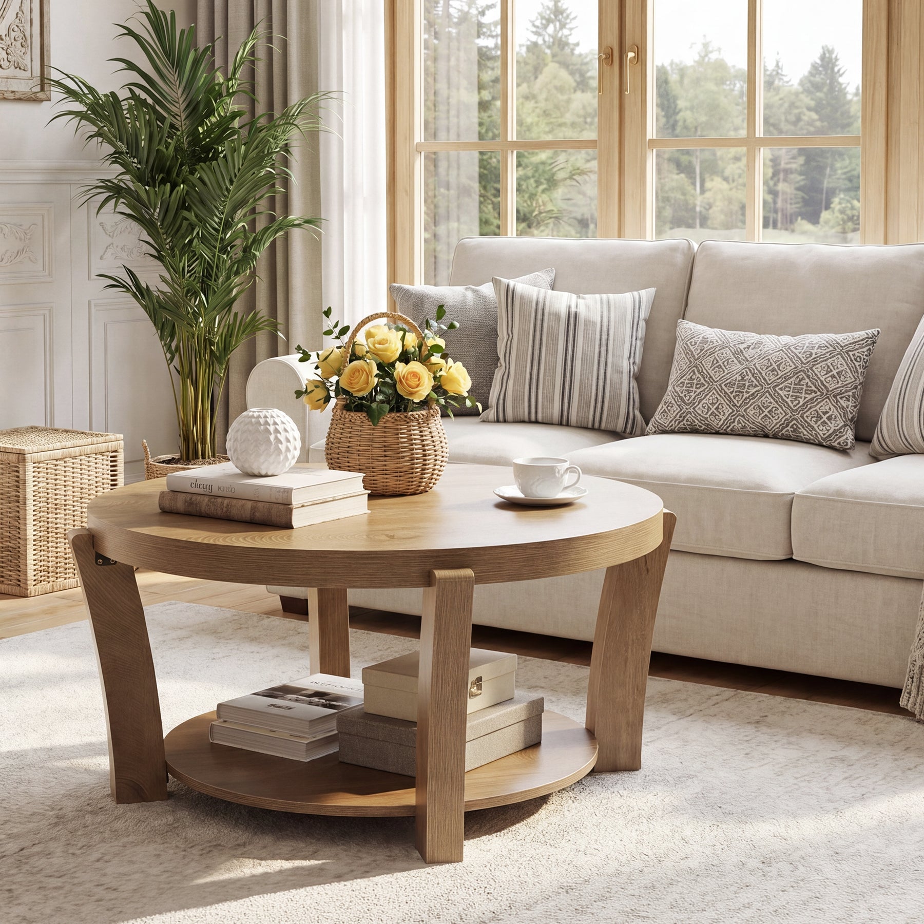 31.5" Round Coffee Table, Farmhouse Center Table with Storage, Easy Assembly