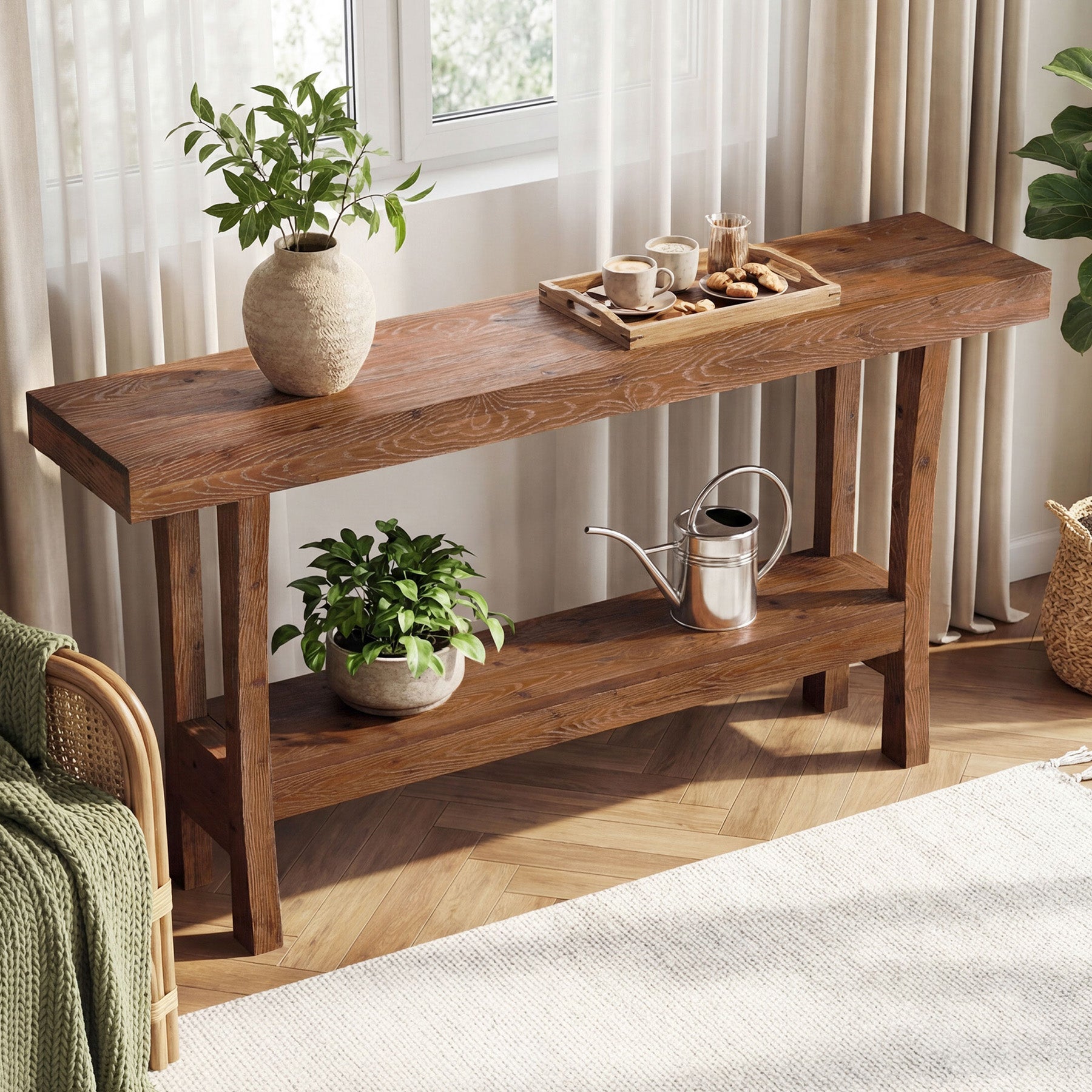 63" Farmhouse Solid Wood Console Table, Narrow Entryway Table with 2-Tier Storage Shelf for Hallway & Behind Sofa