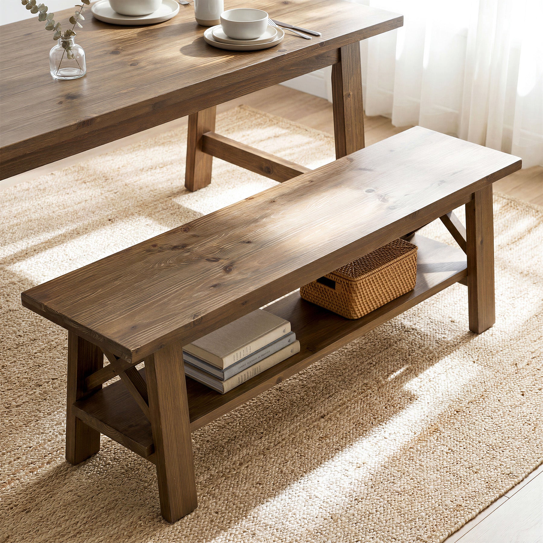Solid Wood End of Bed Bench, 55" Dining Bench with Storage Shelf