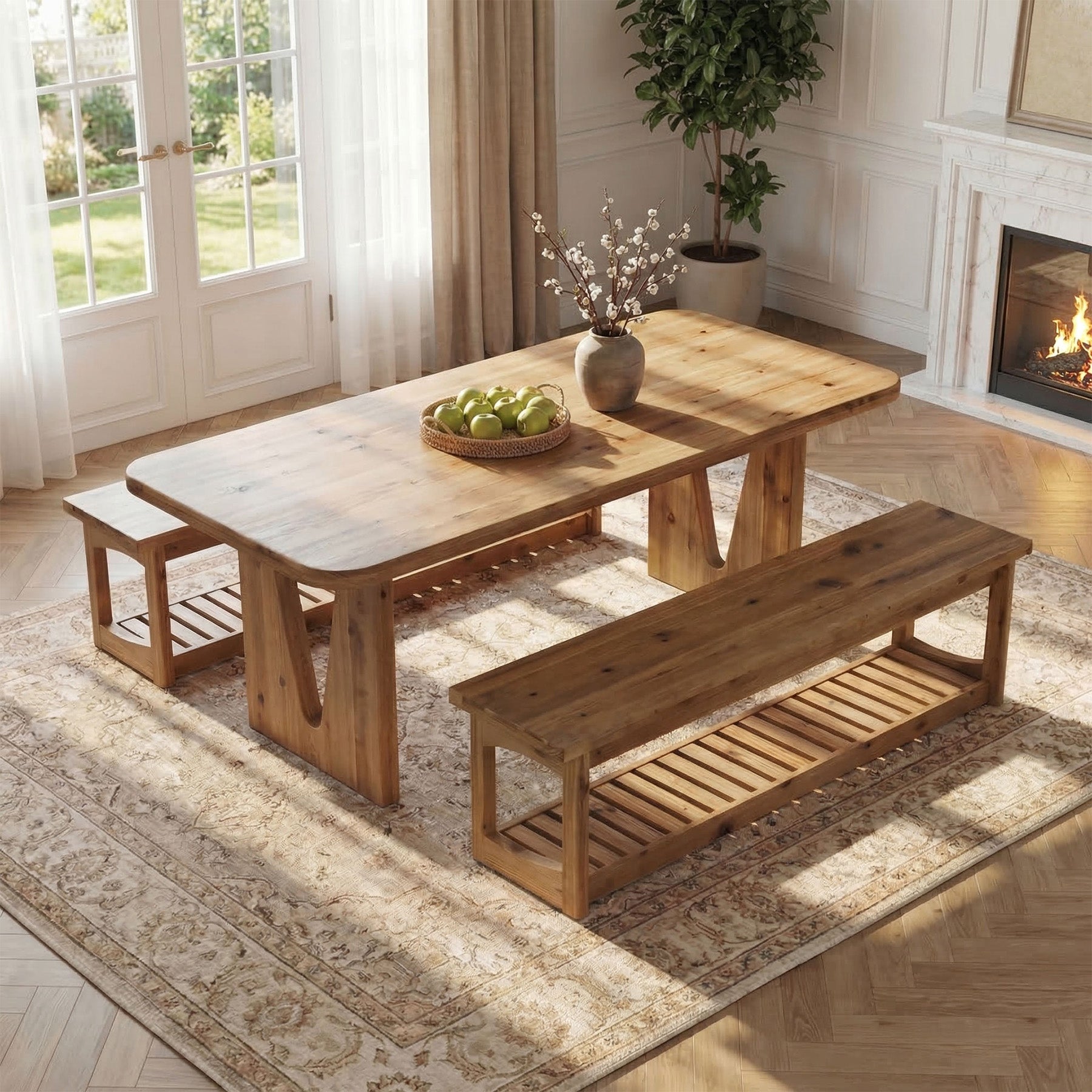 63" Solid Wood Dining Bench, 2-Tier Entryway Bench with Storage for Dining Room