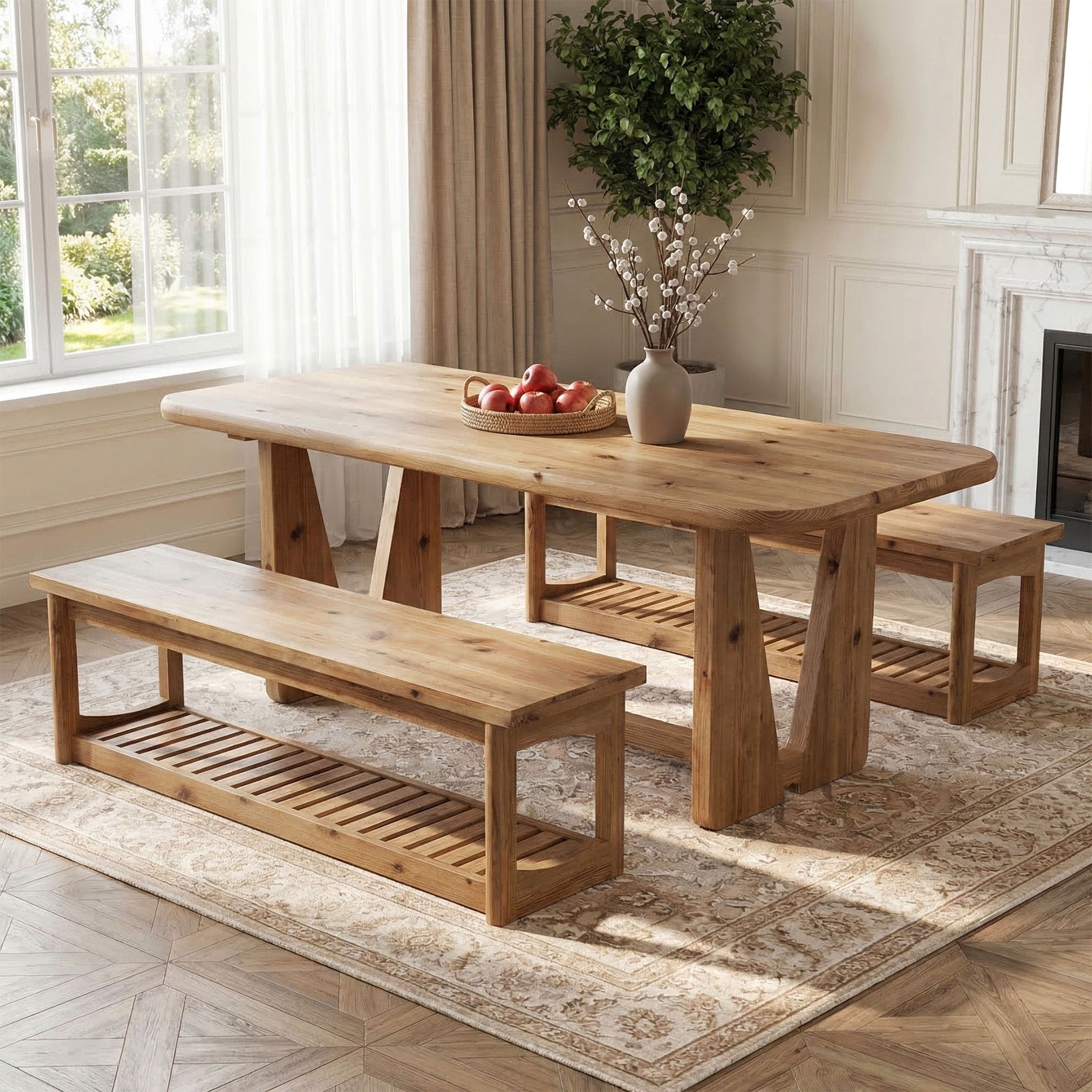 63" Solid Wood Dining Bench, 2-Tier Entryway Bench with Storage for Dining Room