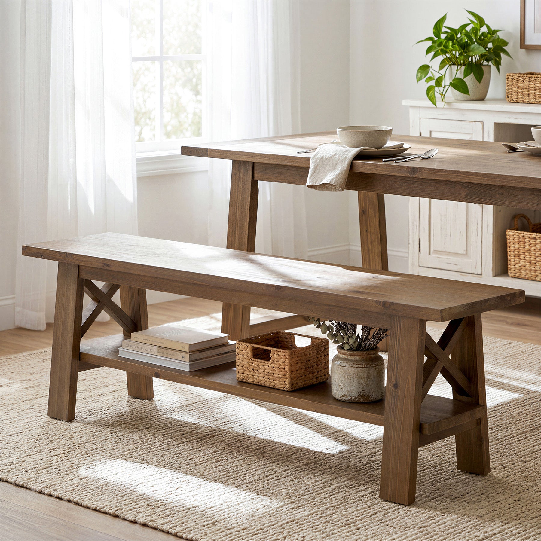 Solid Wood End of Bed Bench, 55" Dining Bench with Storage Shelf