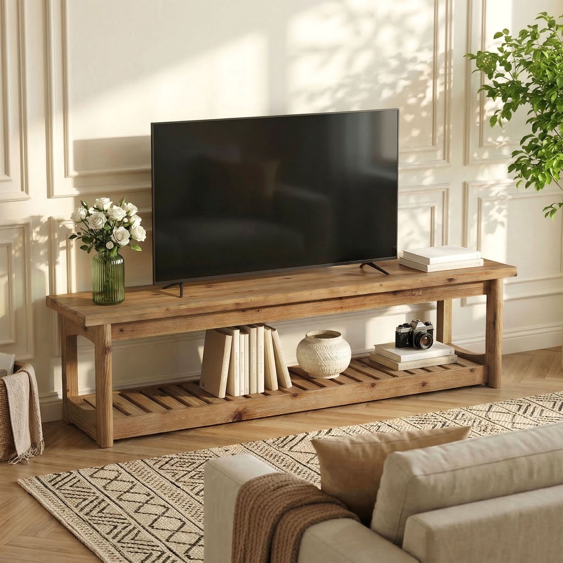 Solid Wood TV Stand, 63" Entertainment Center with Open Storage for Up to 70" TVs