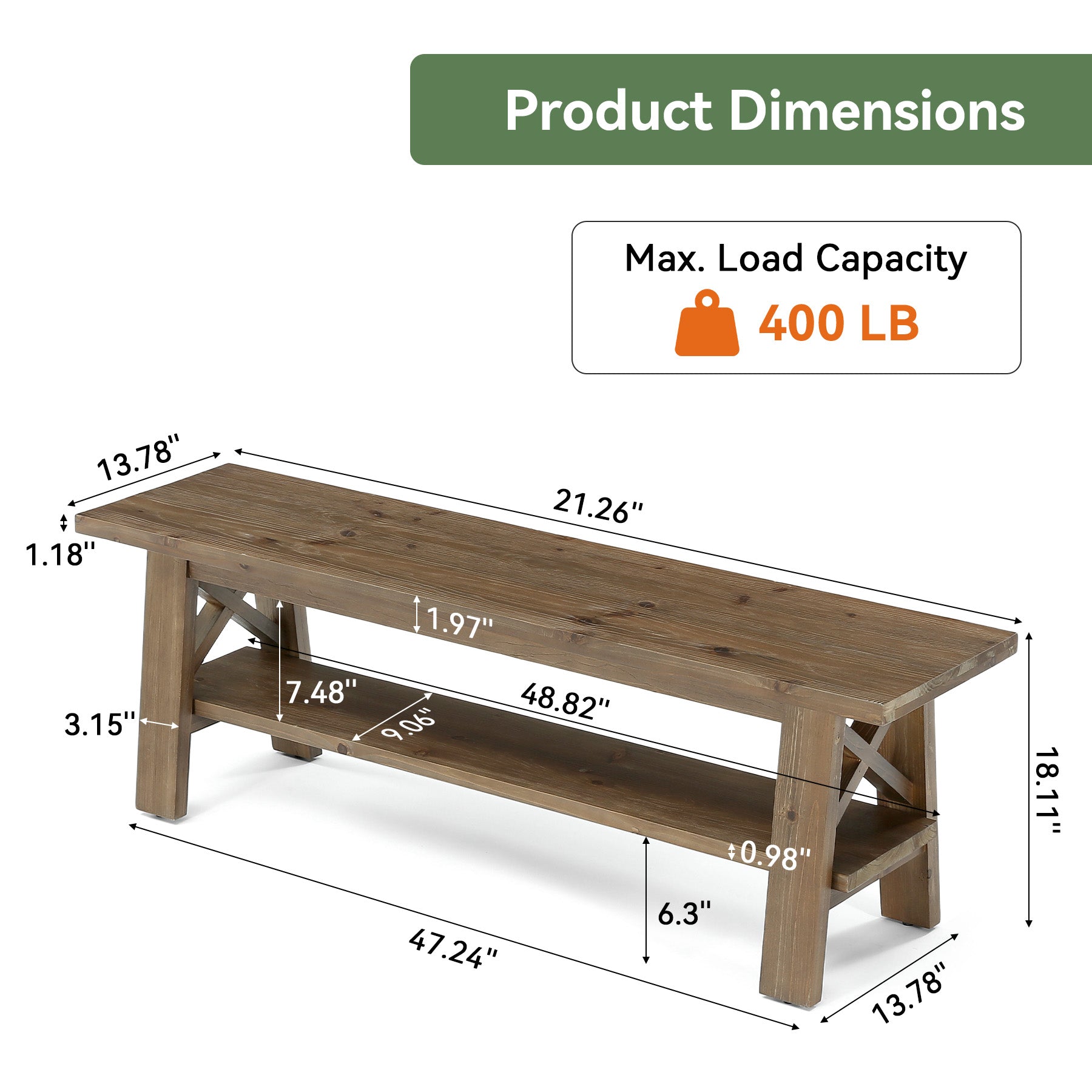 Solid Wood End of Bed Bench, 55" Dining Bench with Storage Shelf