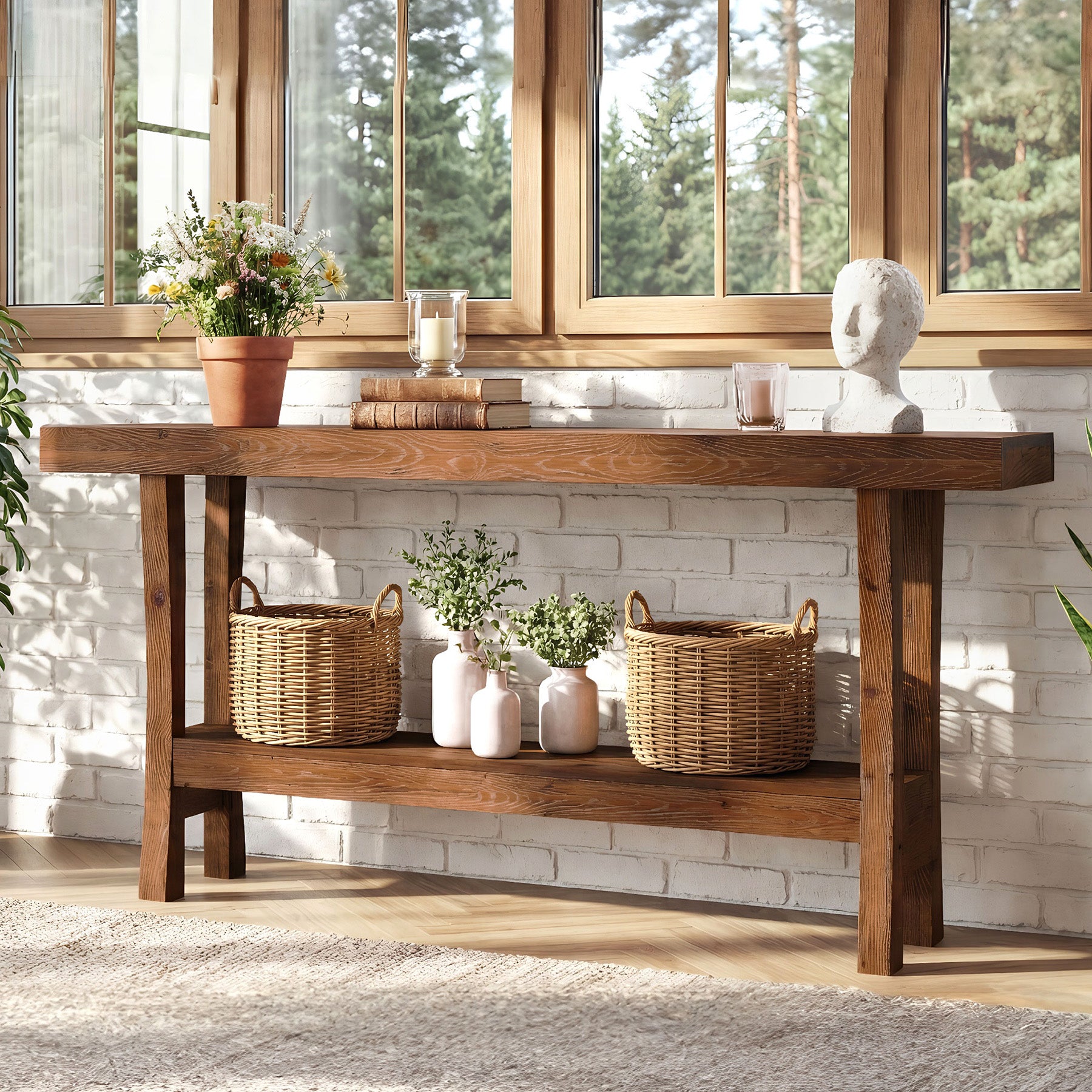 63" Farmhouse Solid Wood Console Table, Narrow Entryway Table with 2-Tier Storage Shelf for Hallway & Behind Sofa
