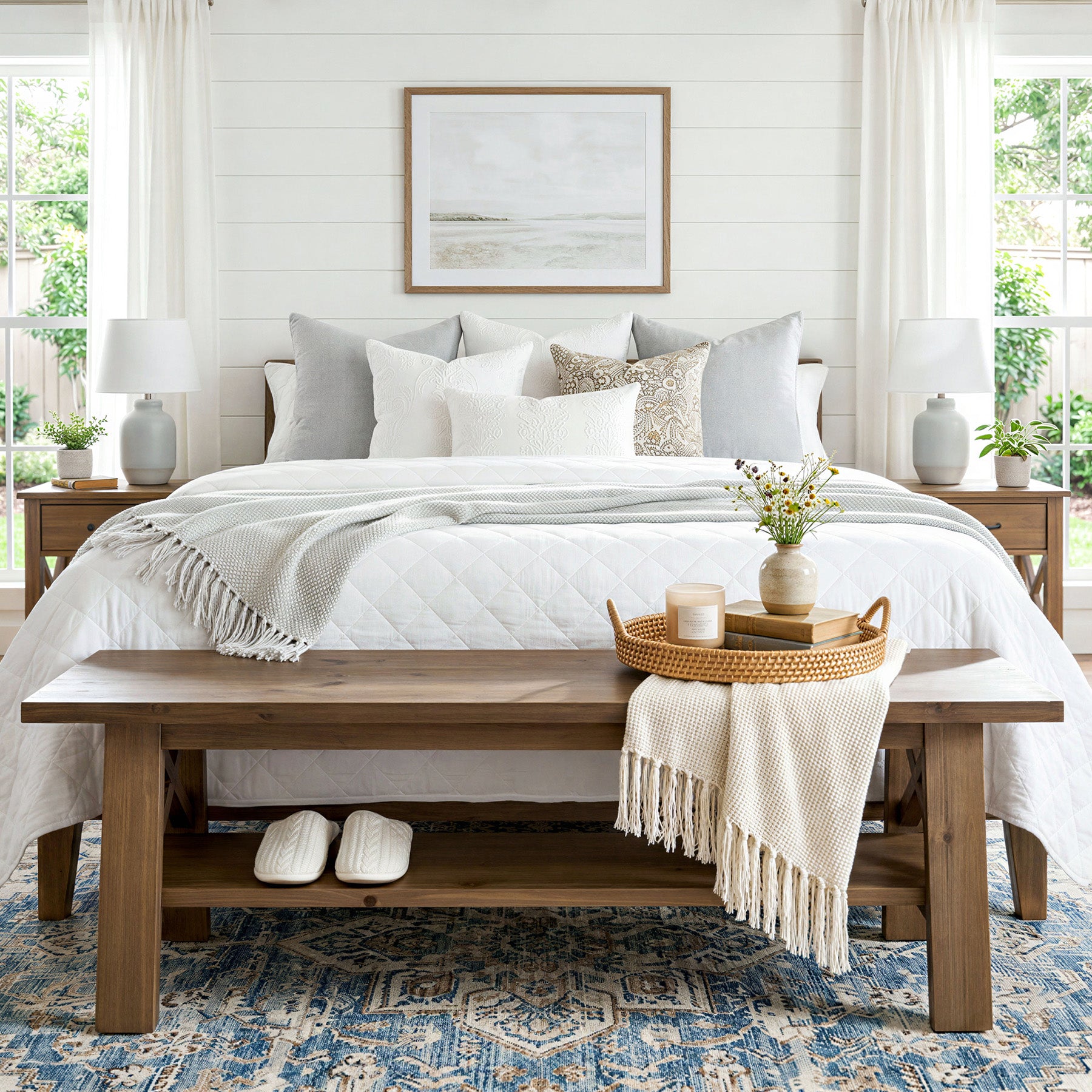 Solid Wood End of Bed Bench, 55" Dining Bench with Storage Shelf