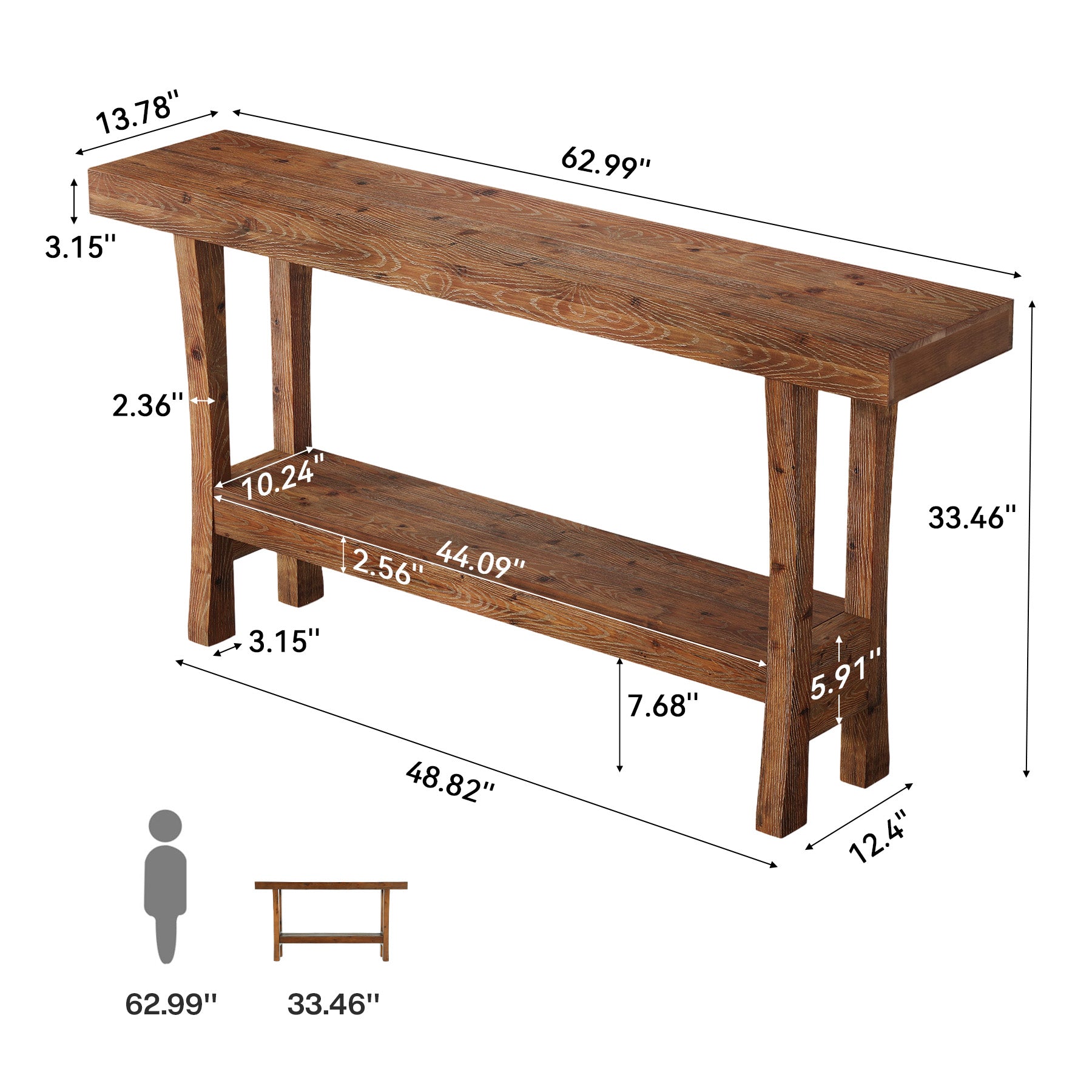 63" Farmhouse Solid Wood Console Table, Narrow Entryway Table with 2-Tier Storage Shelf for Hallway & Behind Sofa