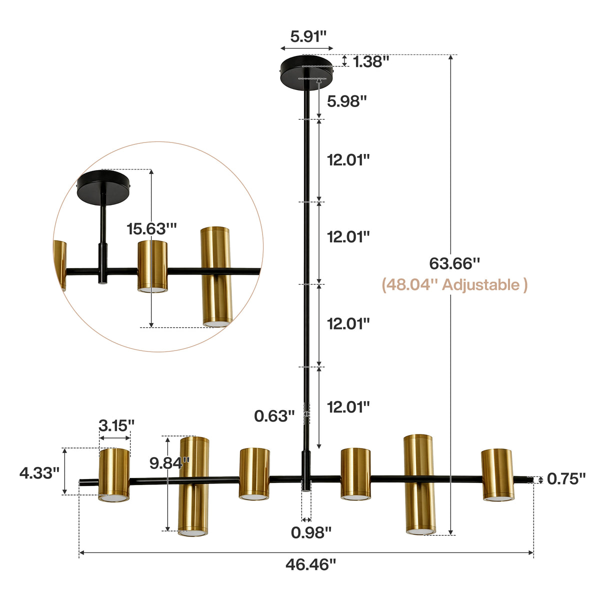 Tribesigns 6-Light Modern Black Gold Linear Chandelier, LED Pendant Light