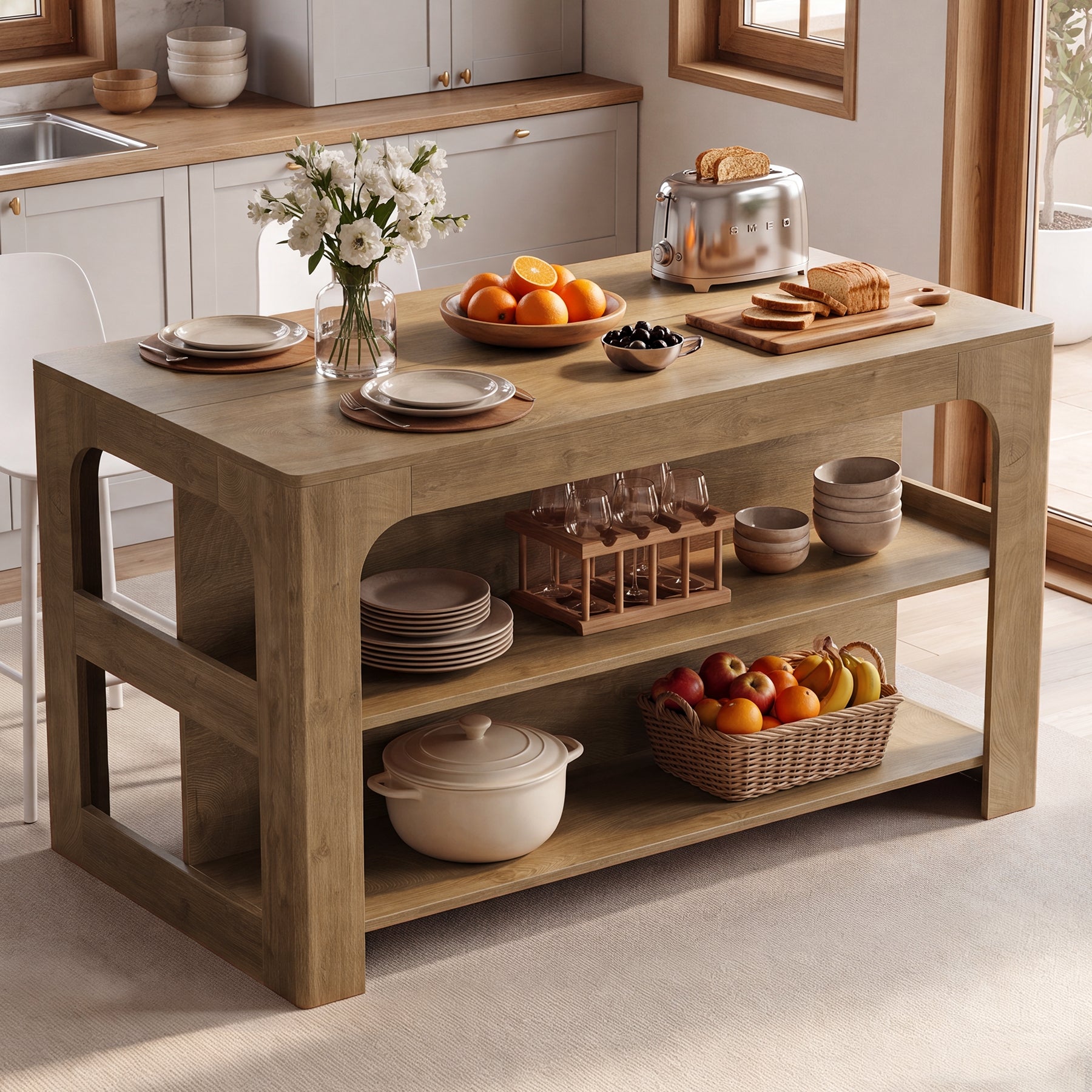 55" Kitchen Island with 3-Tier Storage, Farmhouse Stationary Island Table for Kitchen