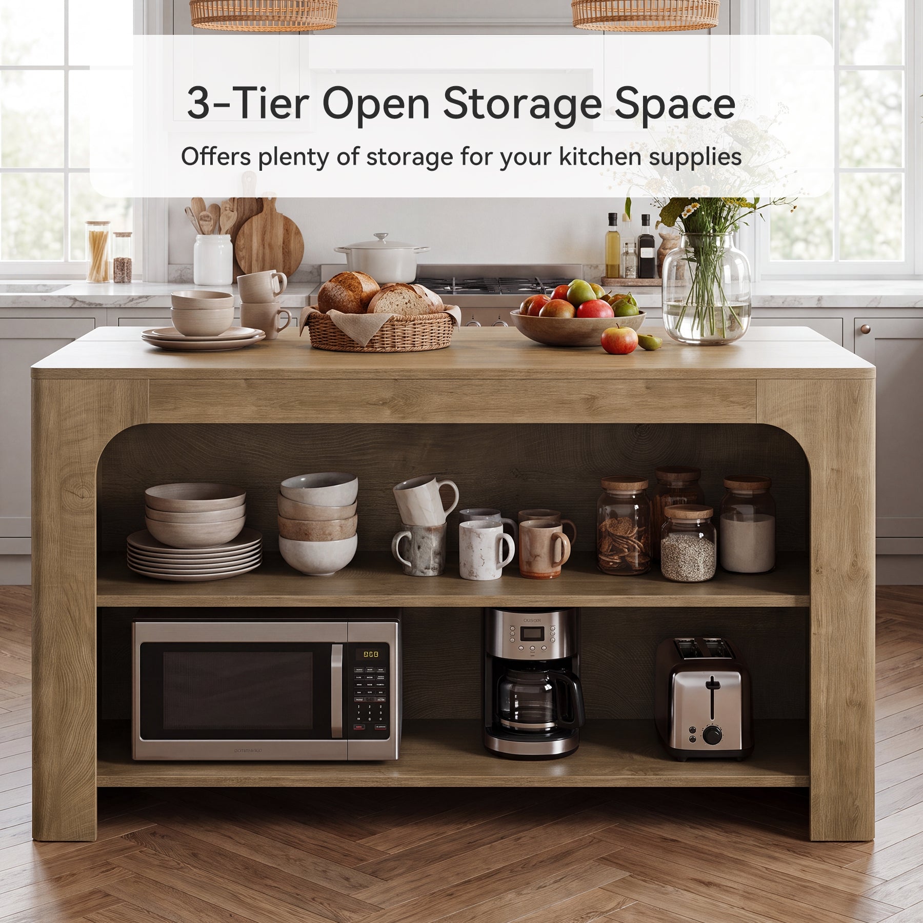 55" Kitchen Island with 3-Tier Storage, Farmhouse Stationary Island Table for Kitchen