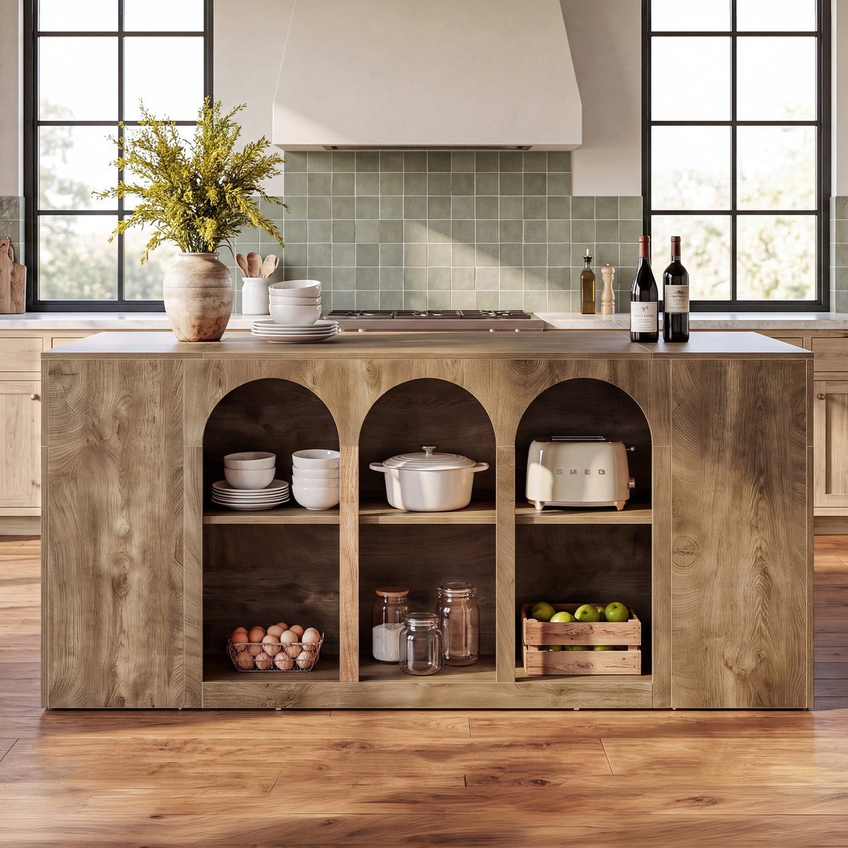 79" Kitchen Island Table with Seating Space, Farmhouse Arched Open Storage Shelves