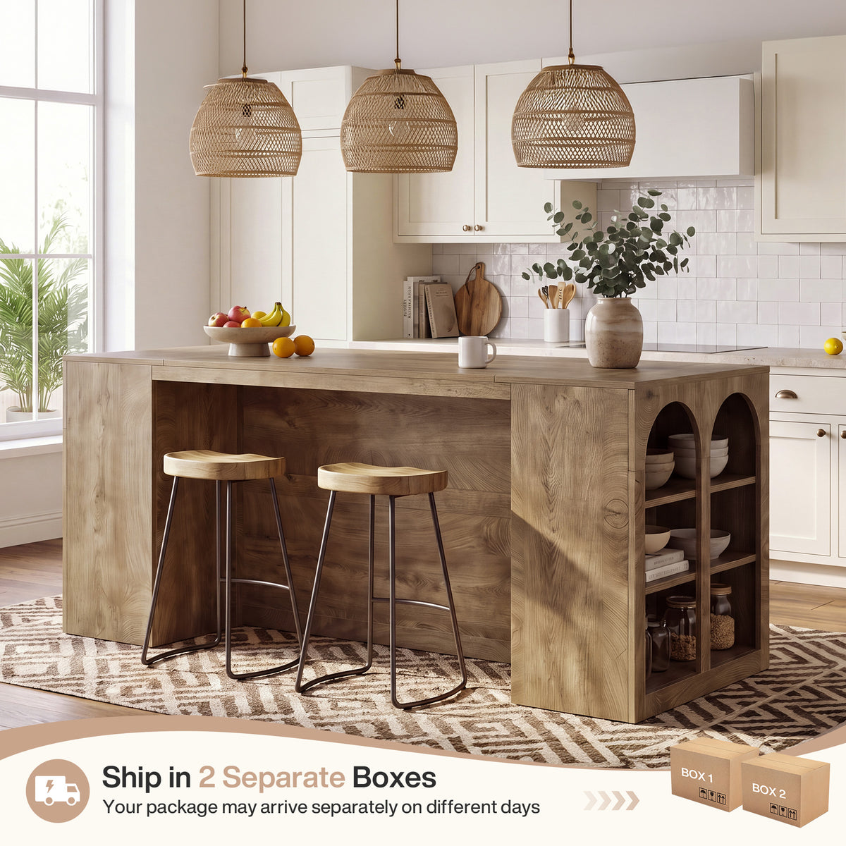 79" Kitchen Island Table with Seating Space, Farmhouse Arched Open Storage Shelves