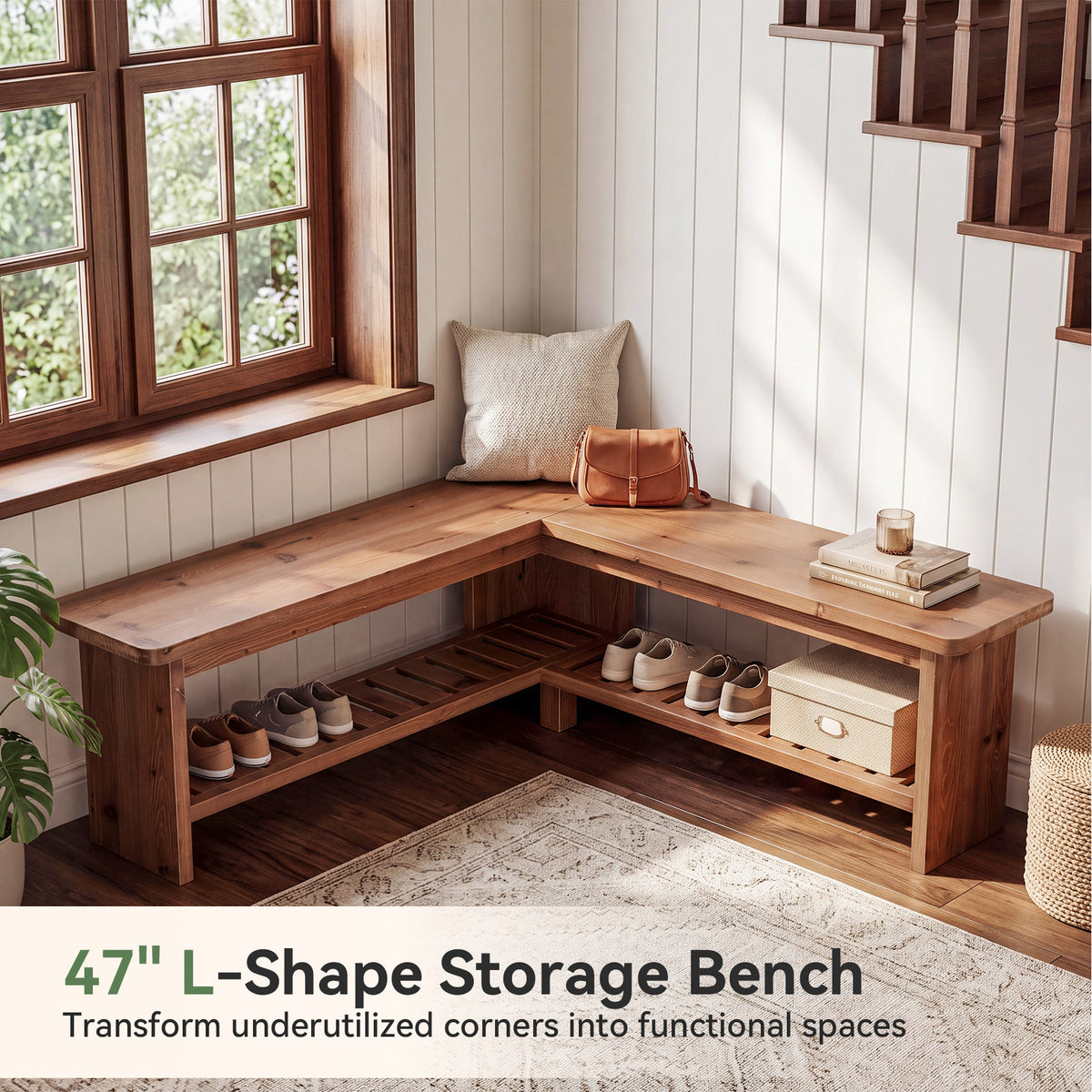47" L-Shaped Breakfast Nook Bench, Solid Wood Corner Dining Bench with Storage Shelf