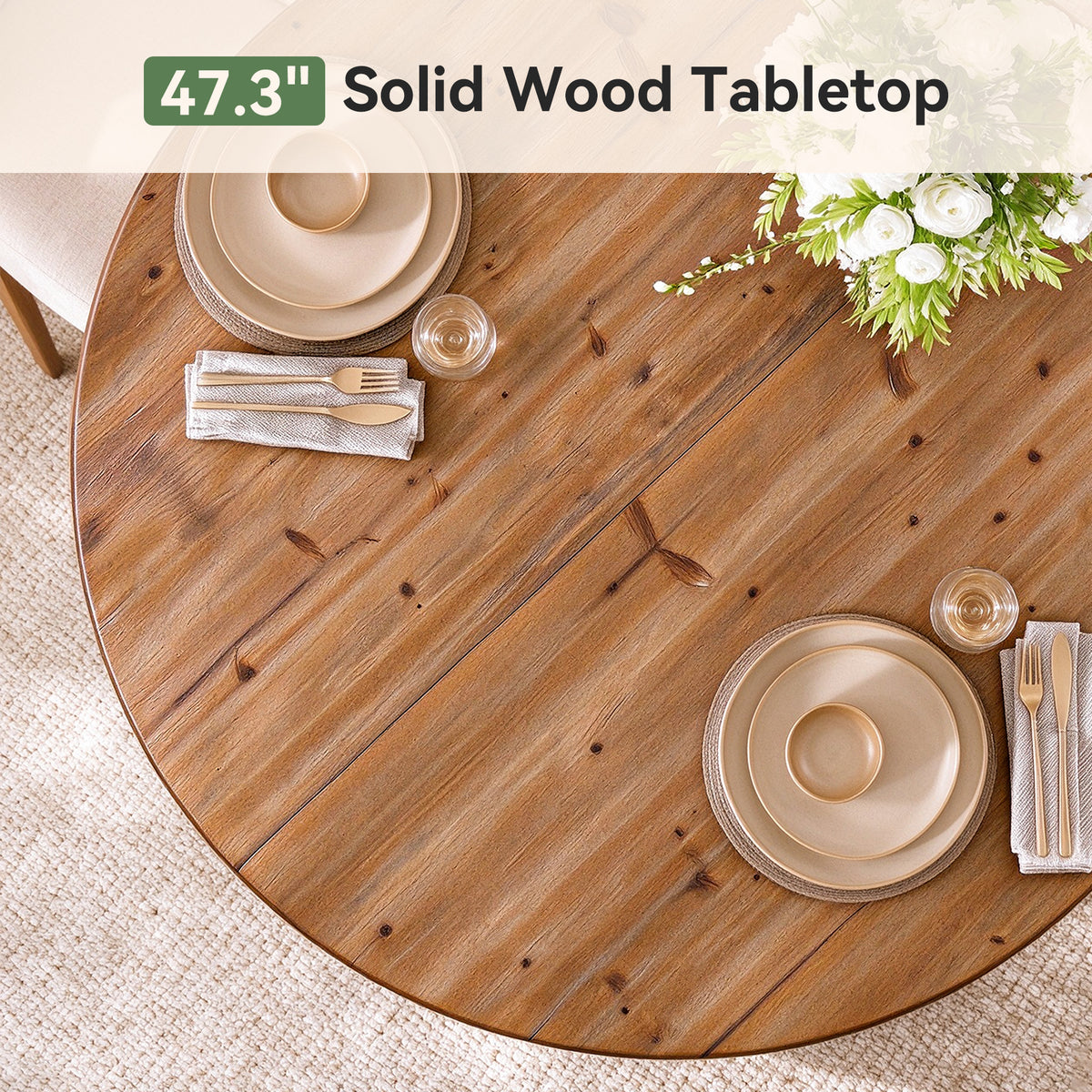 47" Round Farmhouse Solid Wood Dining Table for 4-6 with Curved Legs
