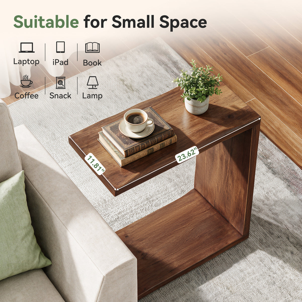 C-Shaped Solid Wood End Table with Live Edge, Sofa Side Table with 2-Tier Storage